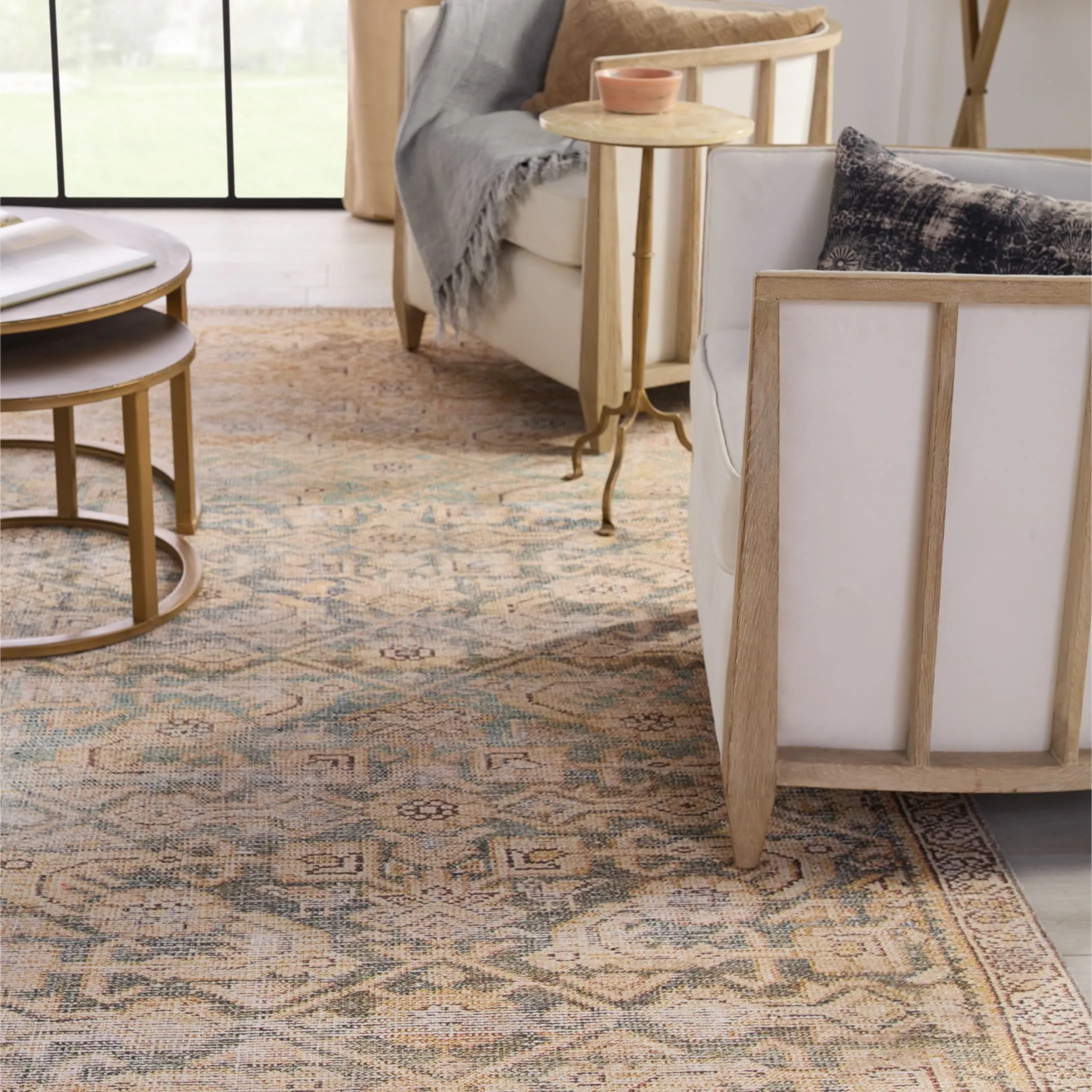 The Curated Nomad Durlston Printed Trellis Gold/ Green Cotton Mix Area Rug