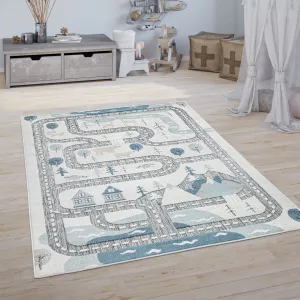 Traffic Kids Rug with Forest Animals Road and Sea in muted Cream