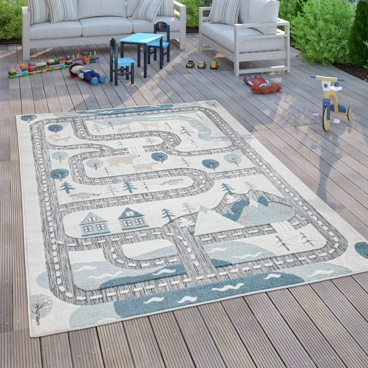Traffic Kids Rug with Forest Animals Road and Sea in muted Cream