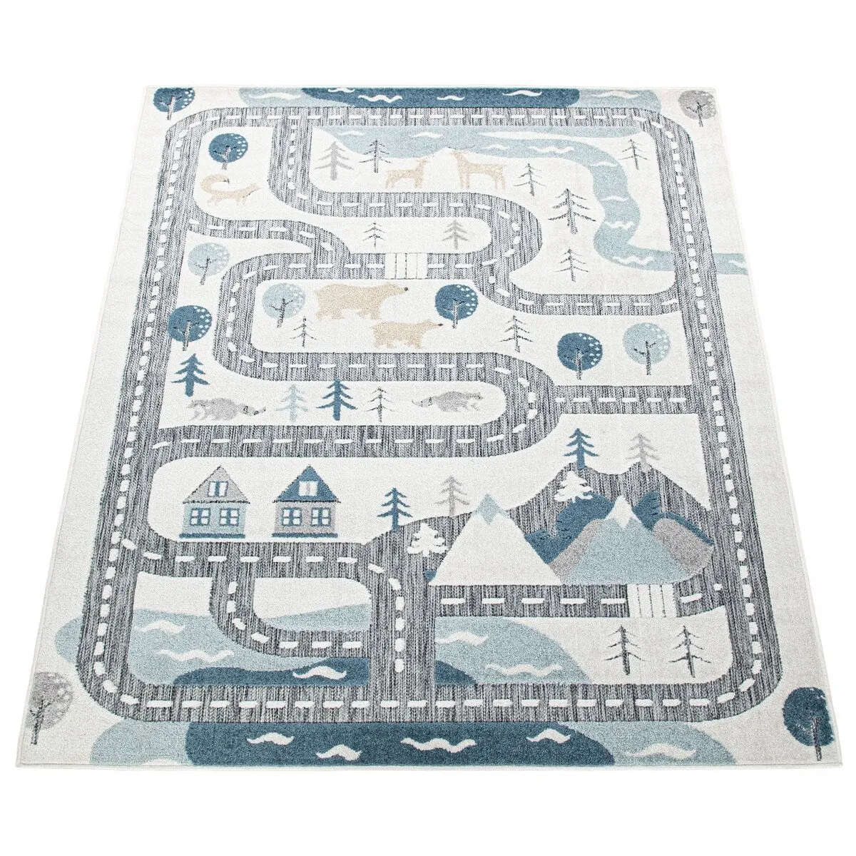 Traffic Kids Rug with Forest Animals Road and Sea in muted Cream