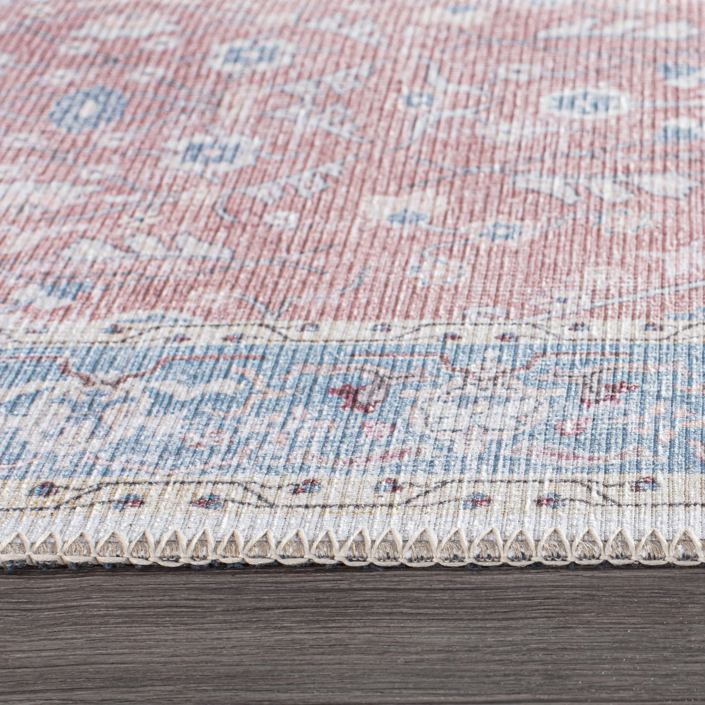 Transitional Bordered Floral Machine Washable Area Rug