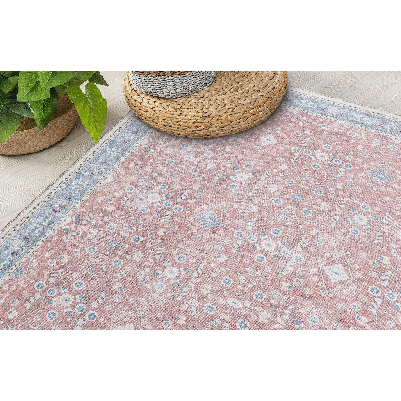 Transitional Bordered Floral Machine Washable Area Rug