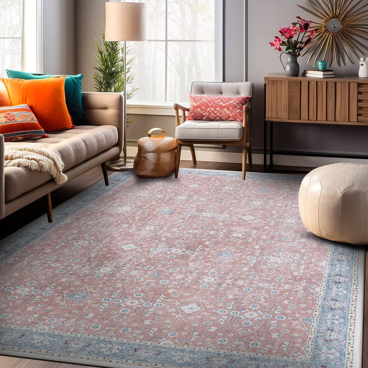 Transitional Bordered Floral Machine Washable Area Rug