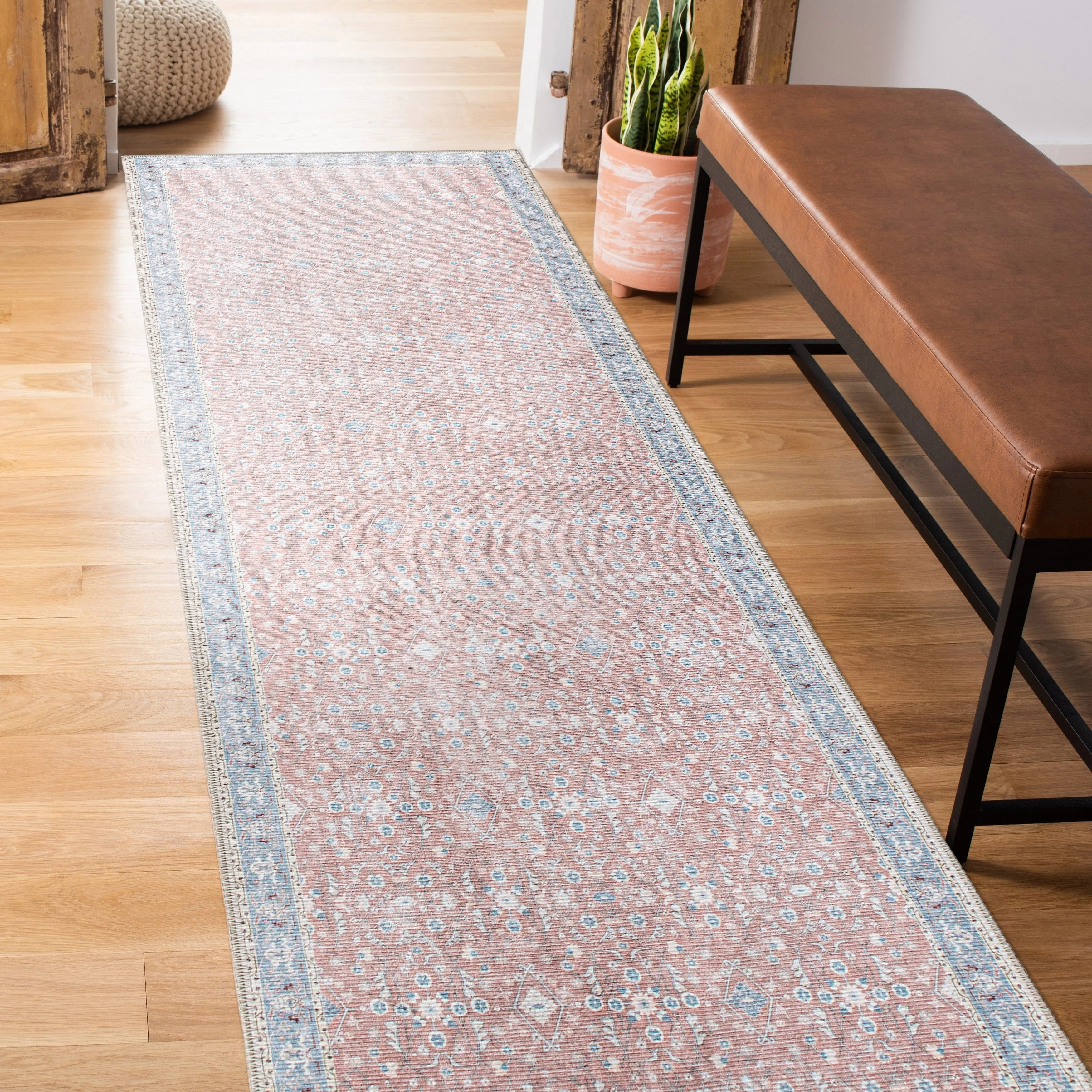 Transitional Bordered Floral Machine Washable Area Rug