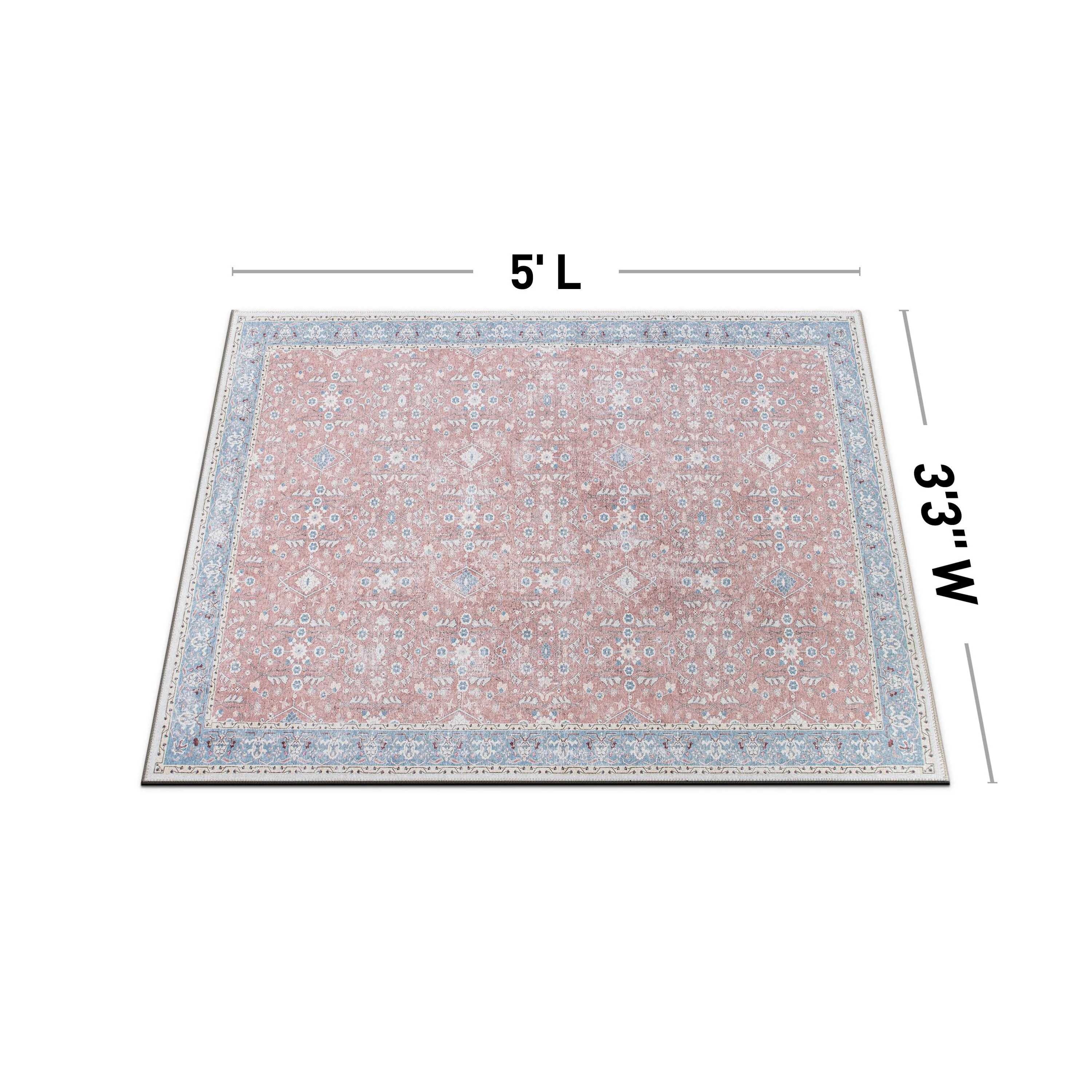 Transitional Bordered Floral Machine Washable Area Rug