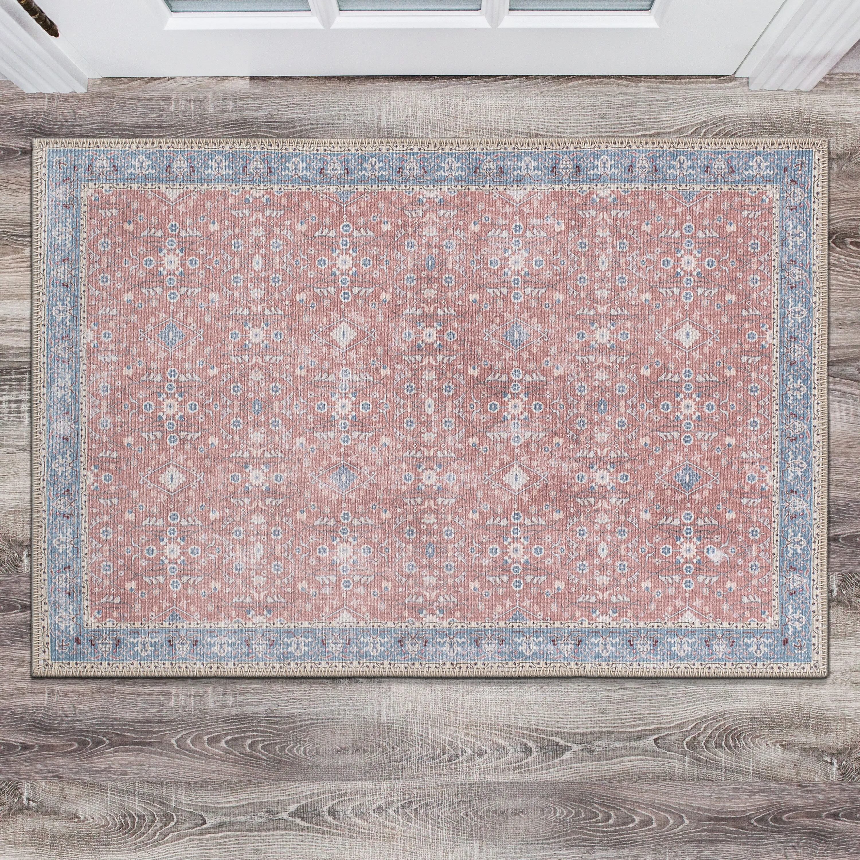 Transitional Bordered Floral Machine Washable Area Rug