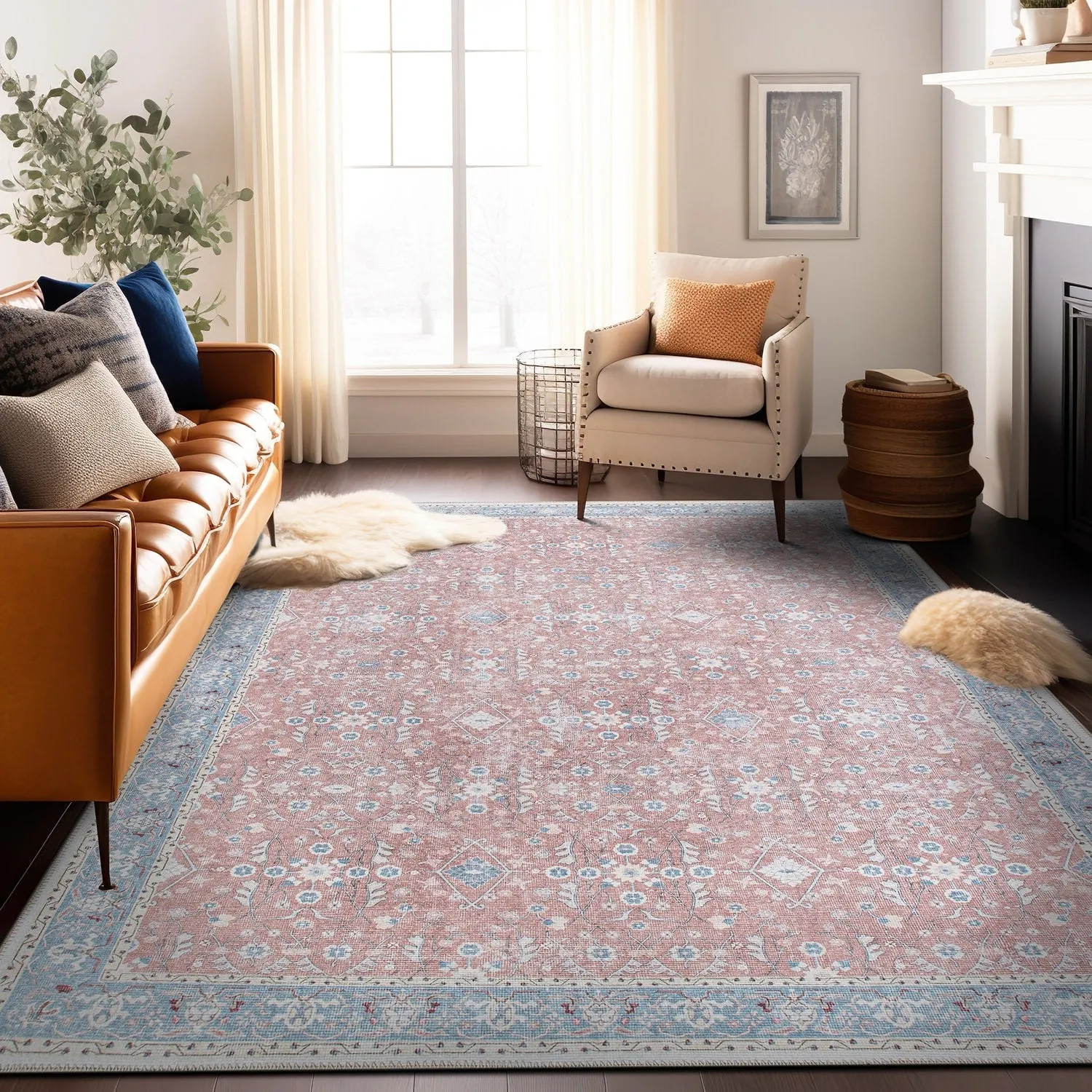Transitional Bordered Floral Machine Washable Area Rug