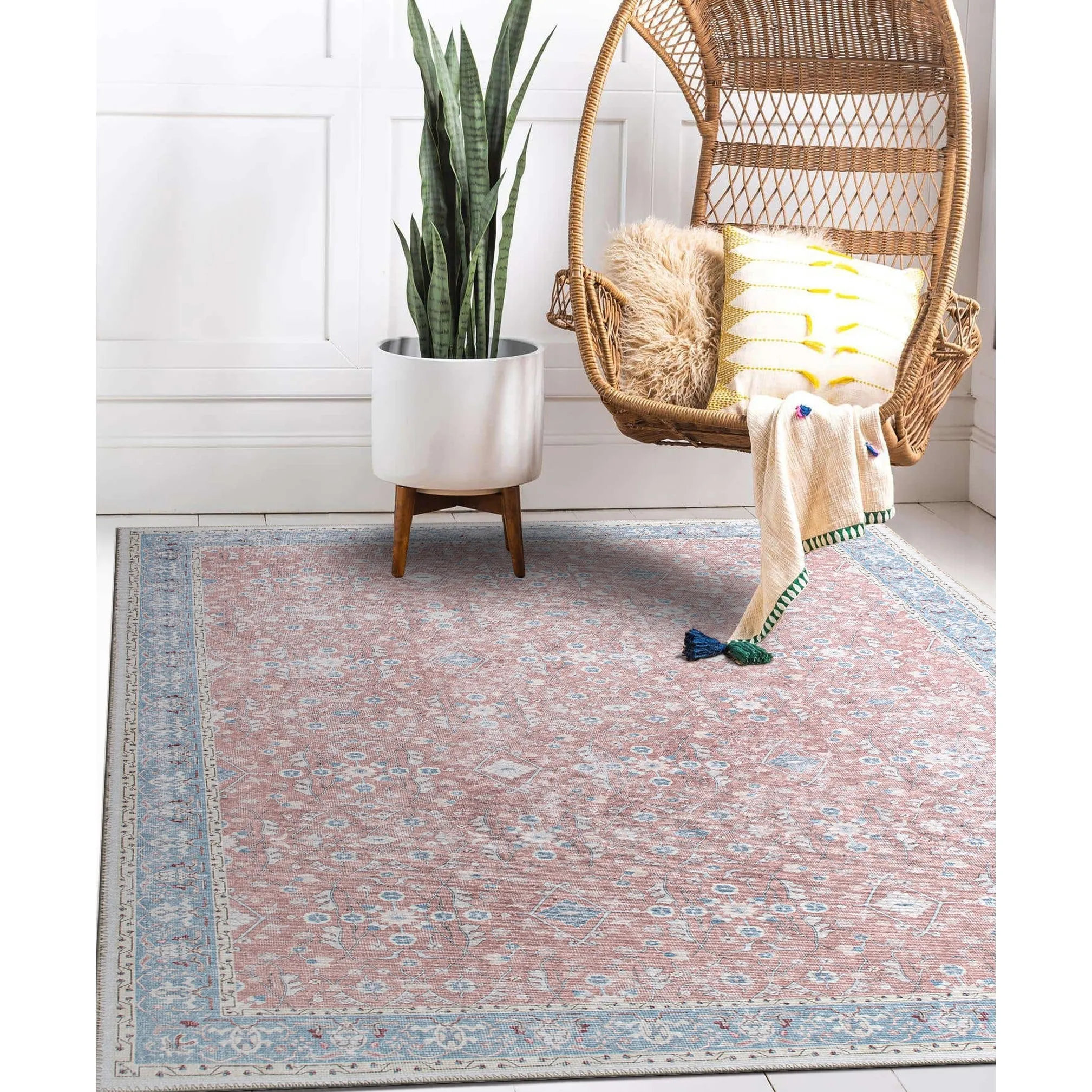 Transitional Bordered Floral Machine Washable Area Rug