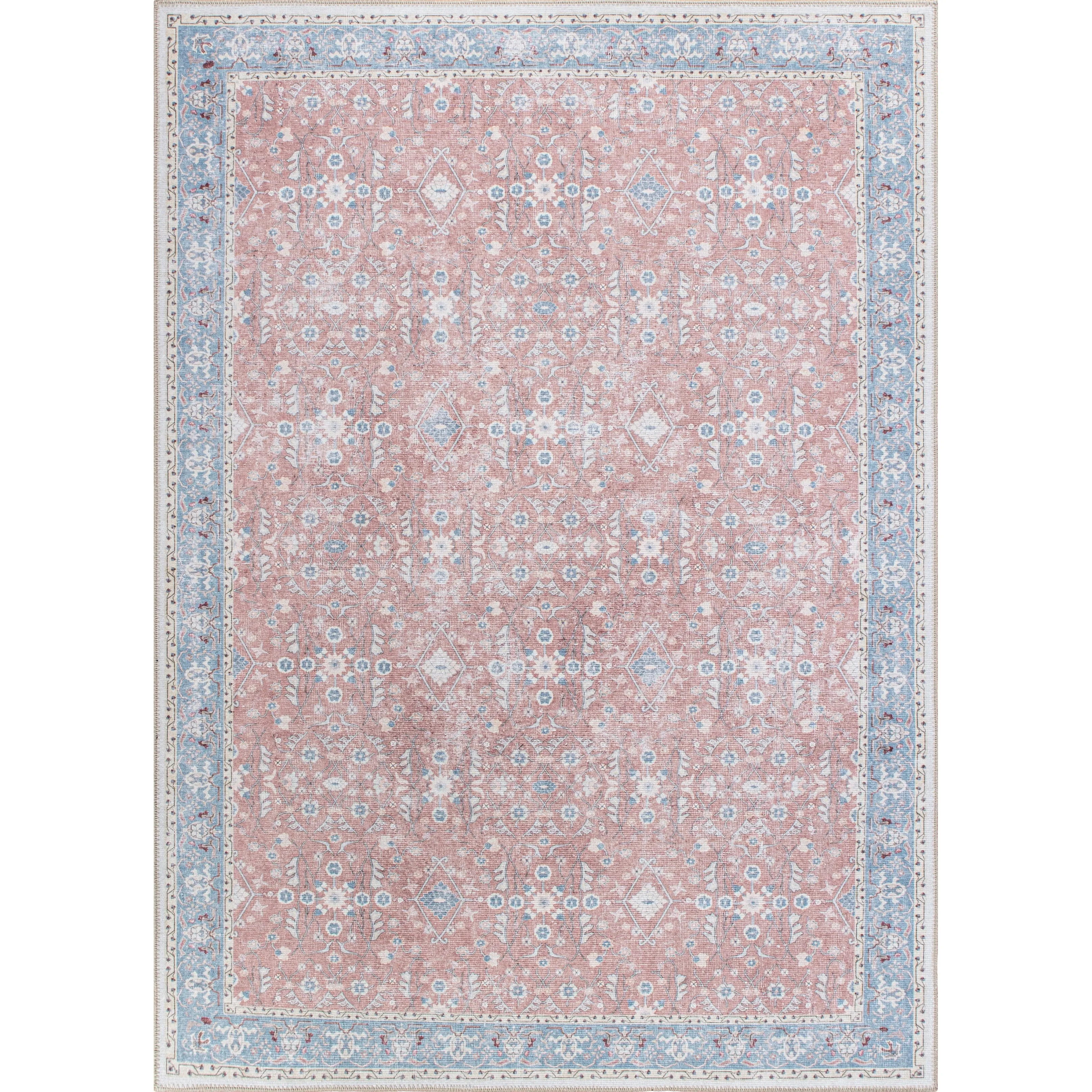 Transitional Bordered Floral Machine Washable Area Rug