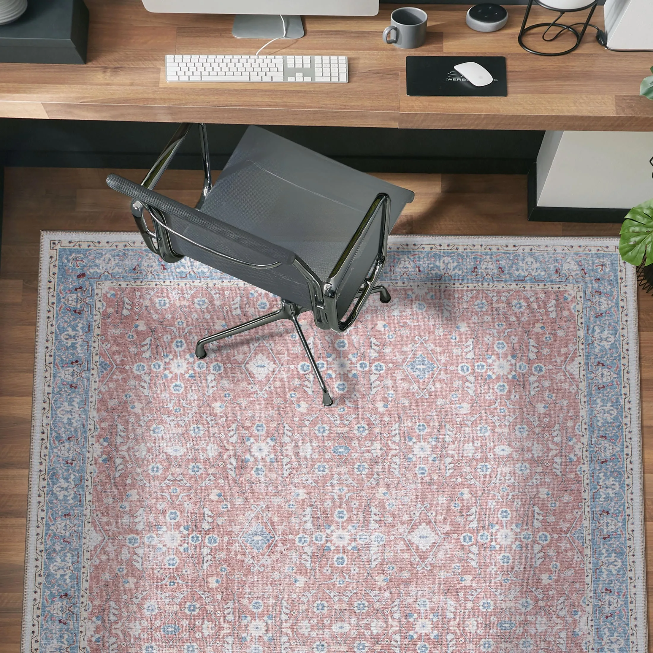 Transitional Bordered Floral Machine Washable Area Rug