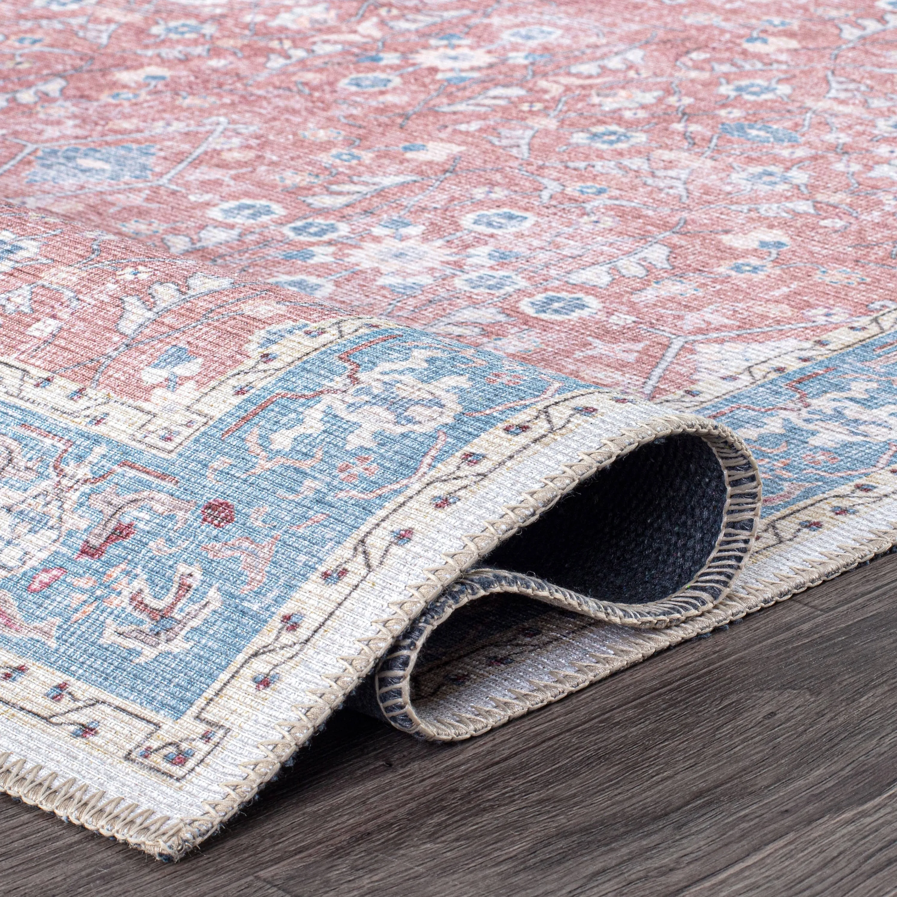 Transitional Bordered Floral Machine Washable Area Rug