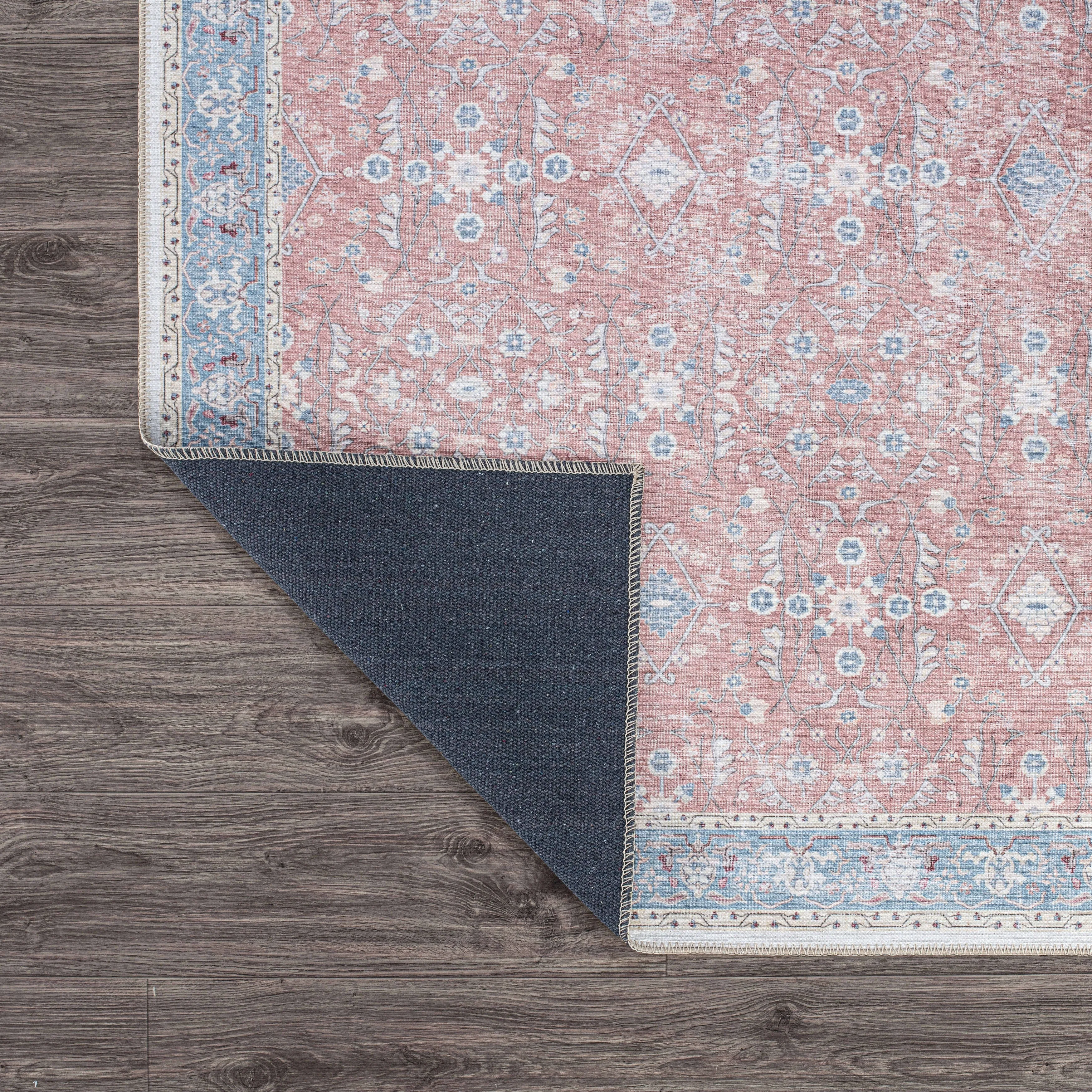 Transitional Bordered Floral Machine Washable Area Rug