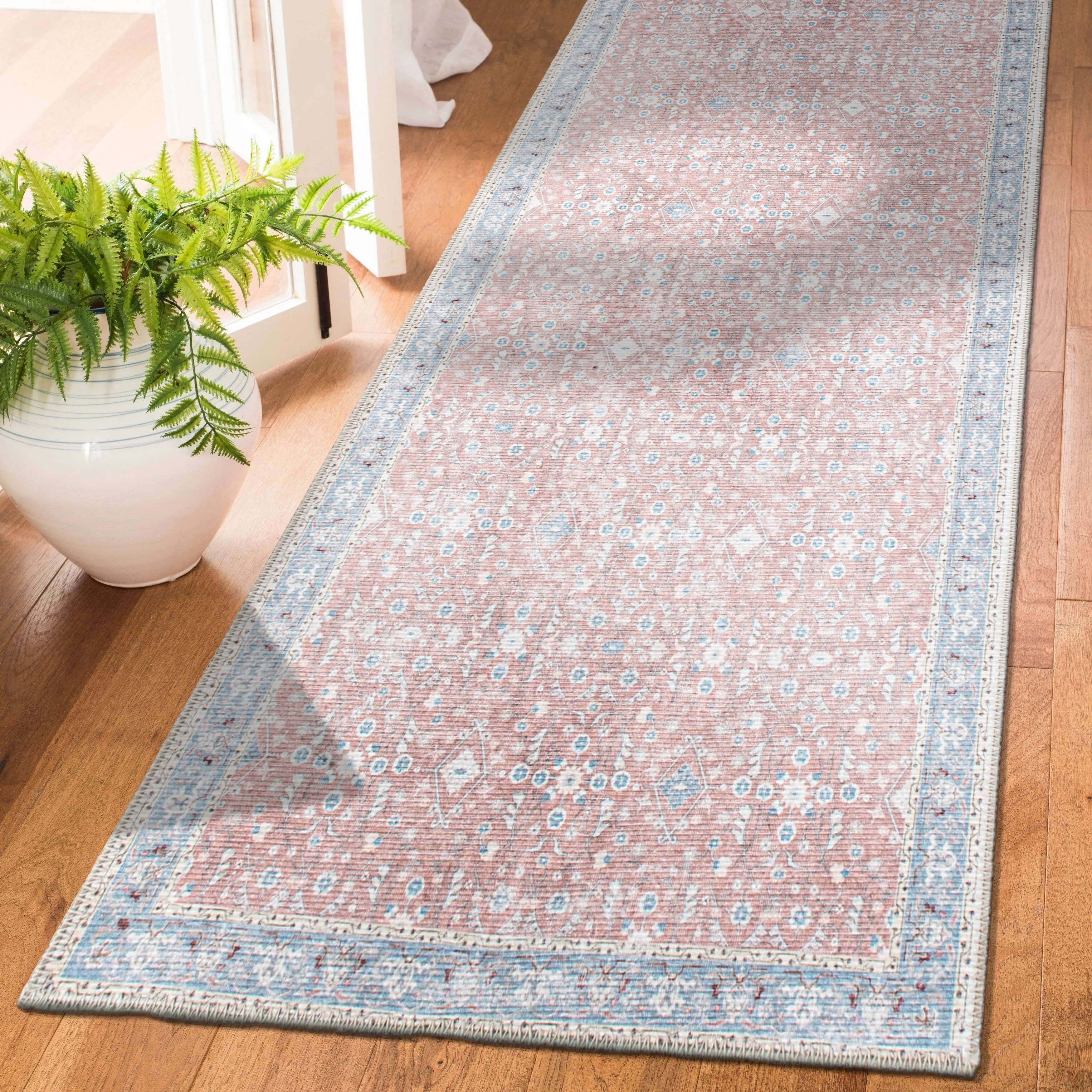 Transitional Bordered Floral Machine Washable Area Rug