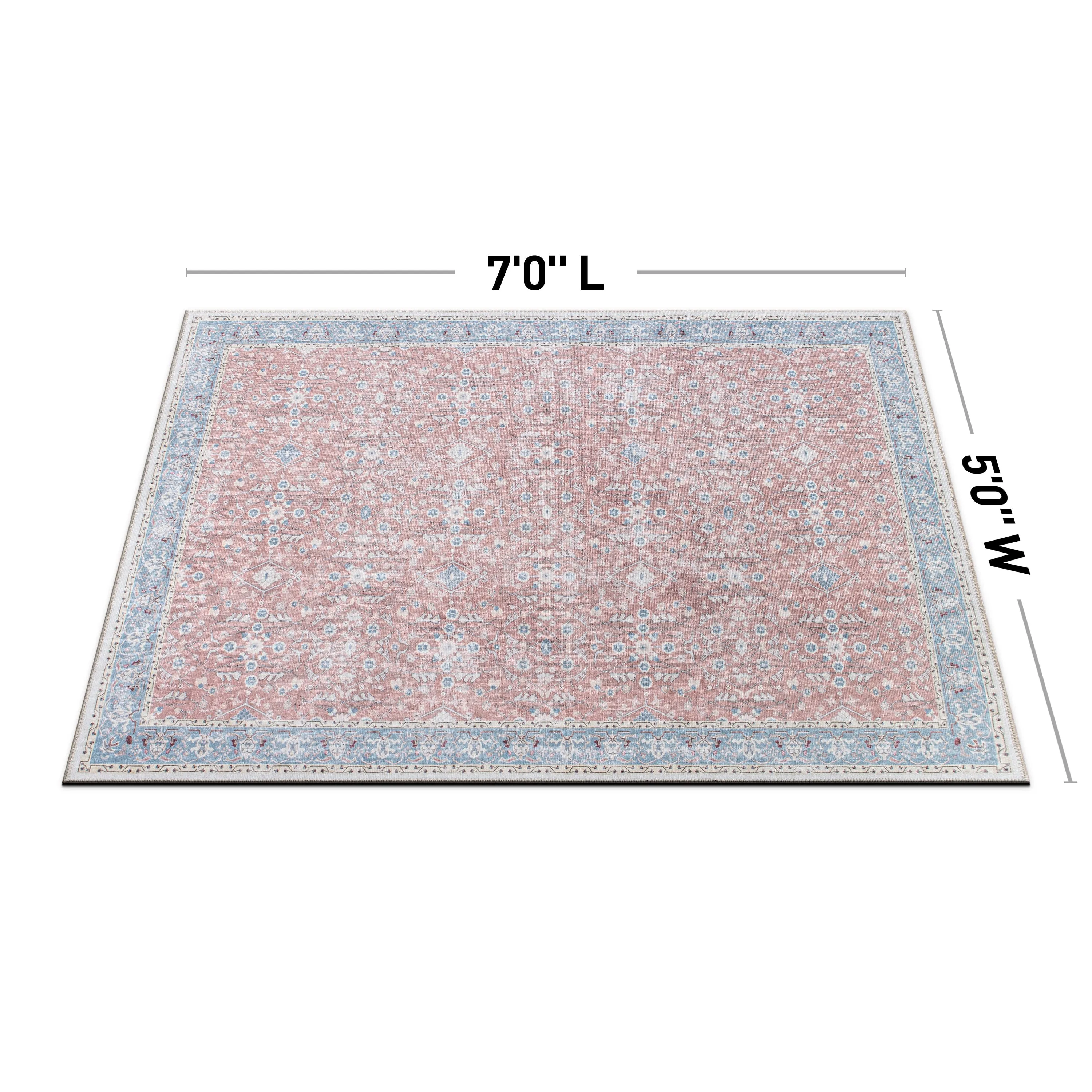 Transitional Bordered Floral Machine Washable Area Rug
