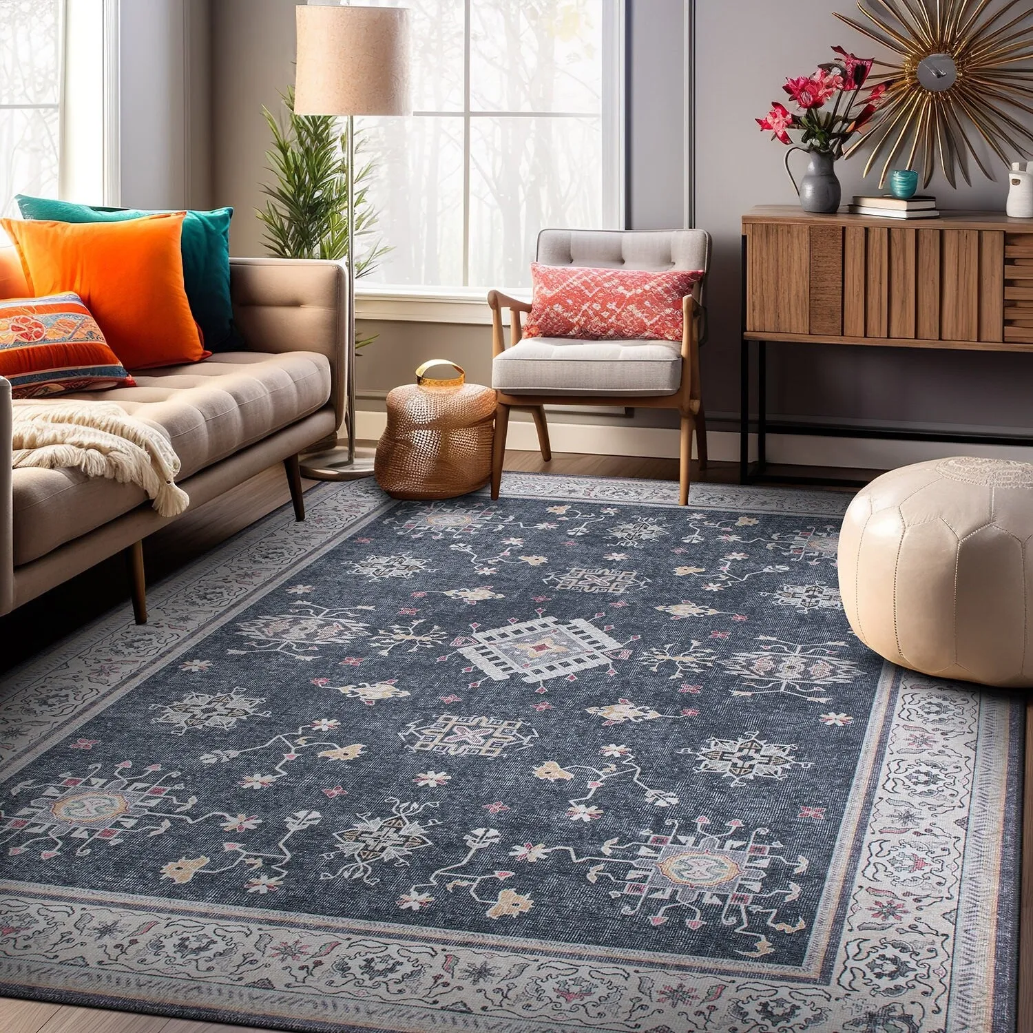 Transitional Bordered Machine Washable Area Rug