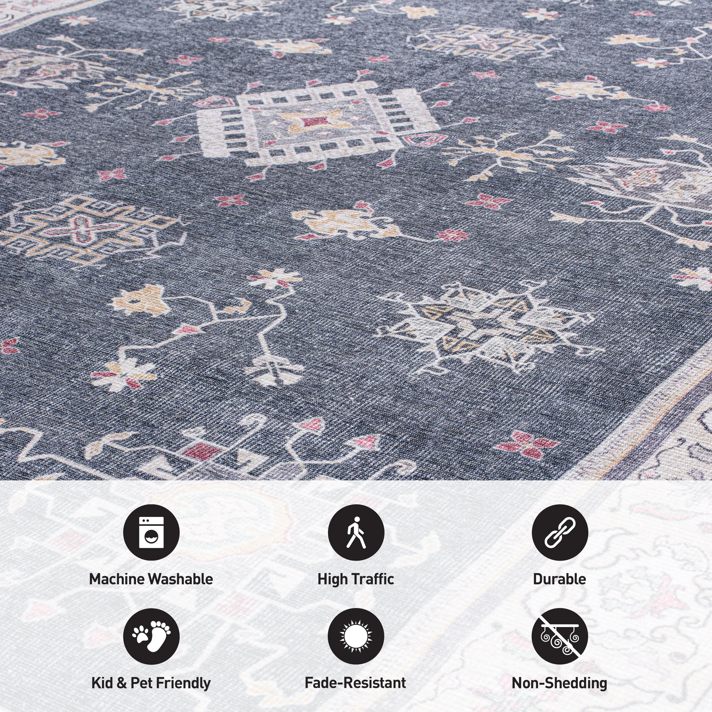 Transitional Bordered Machine Washable Area Rug
