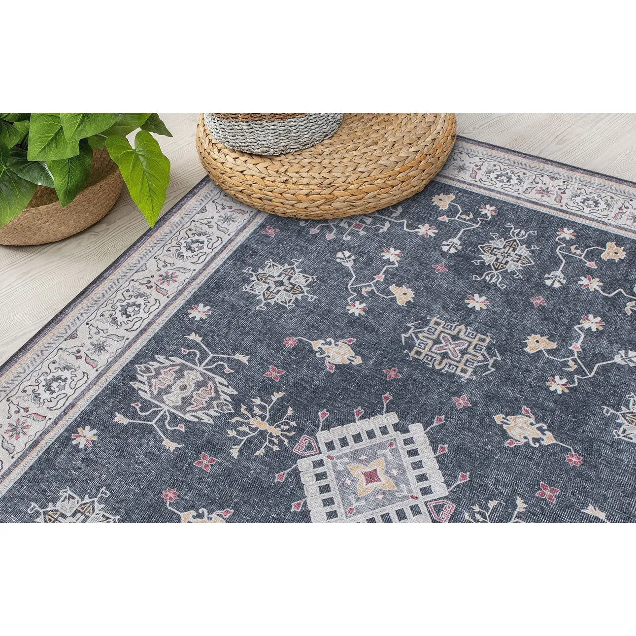 Transitional Bordered Machine Washable Area Rug