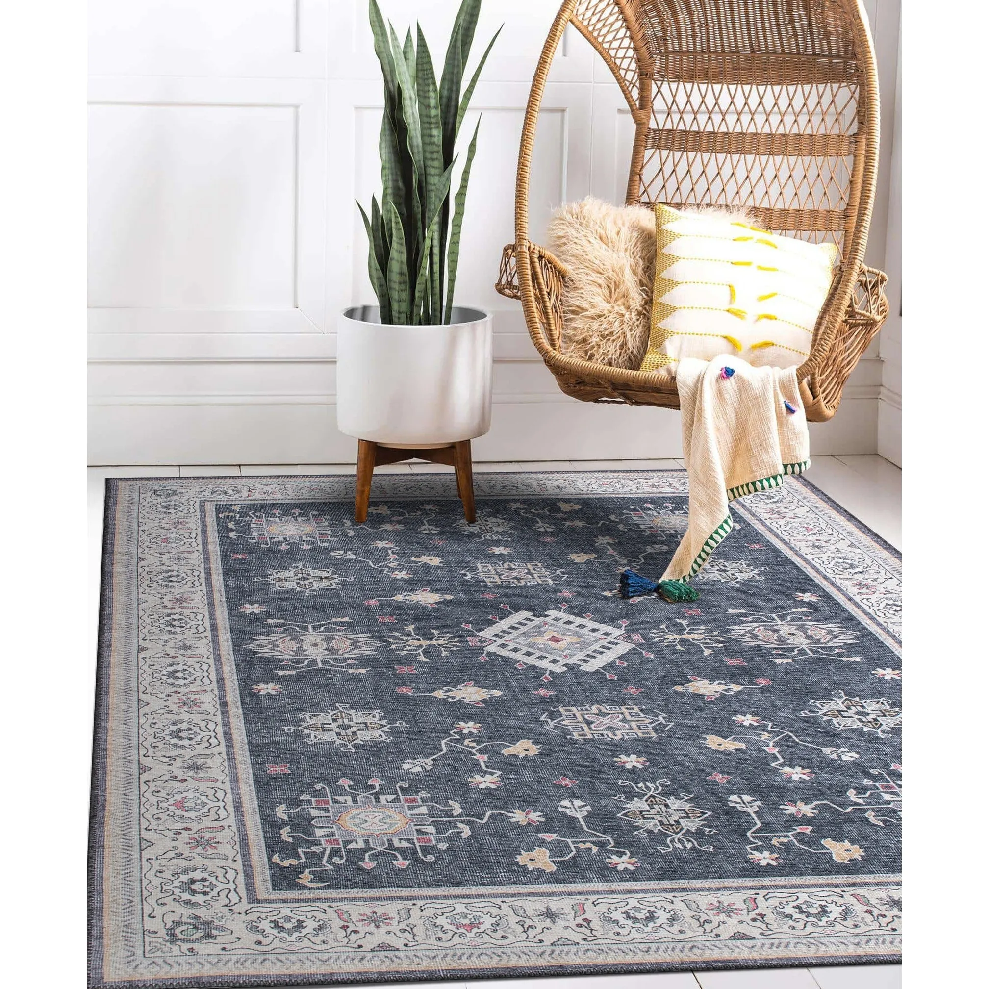 Transitional Bordered Machine Washable Area Rug
