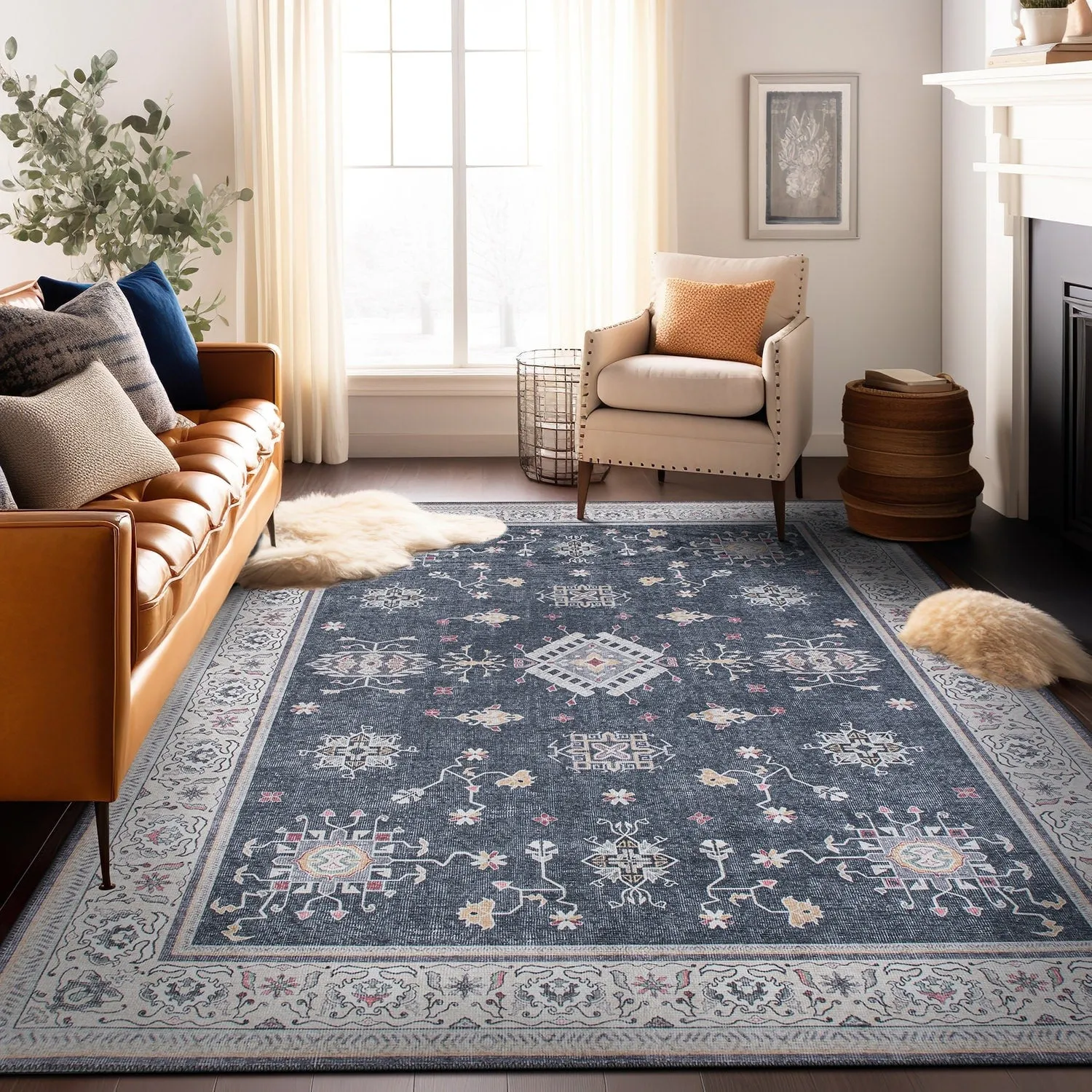 Transitional Bordered Machine Washable Area Rug