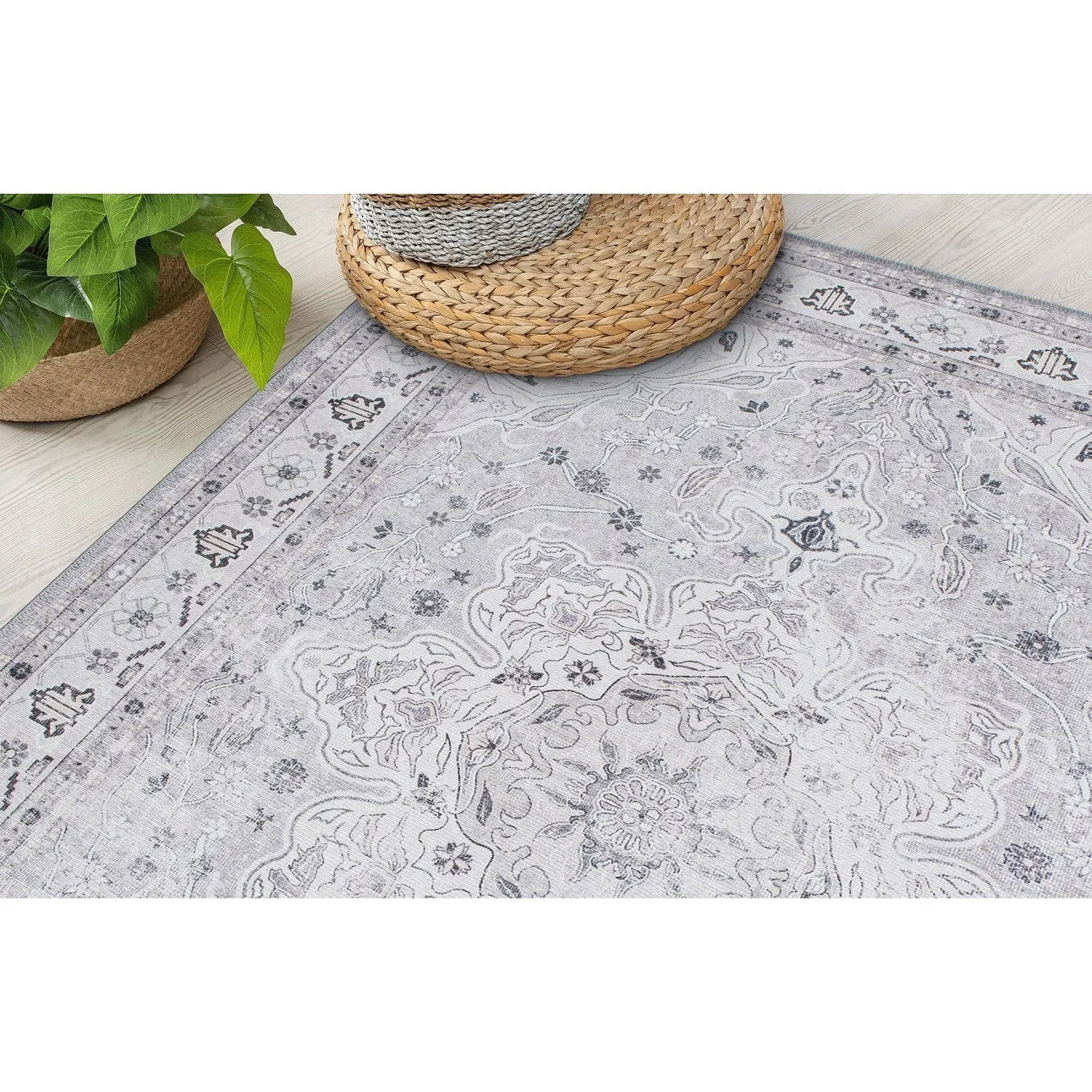 Transitional Medallion Machine Washable Area Rug
