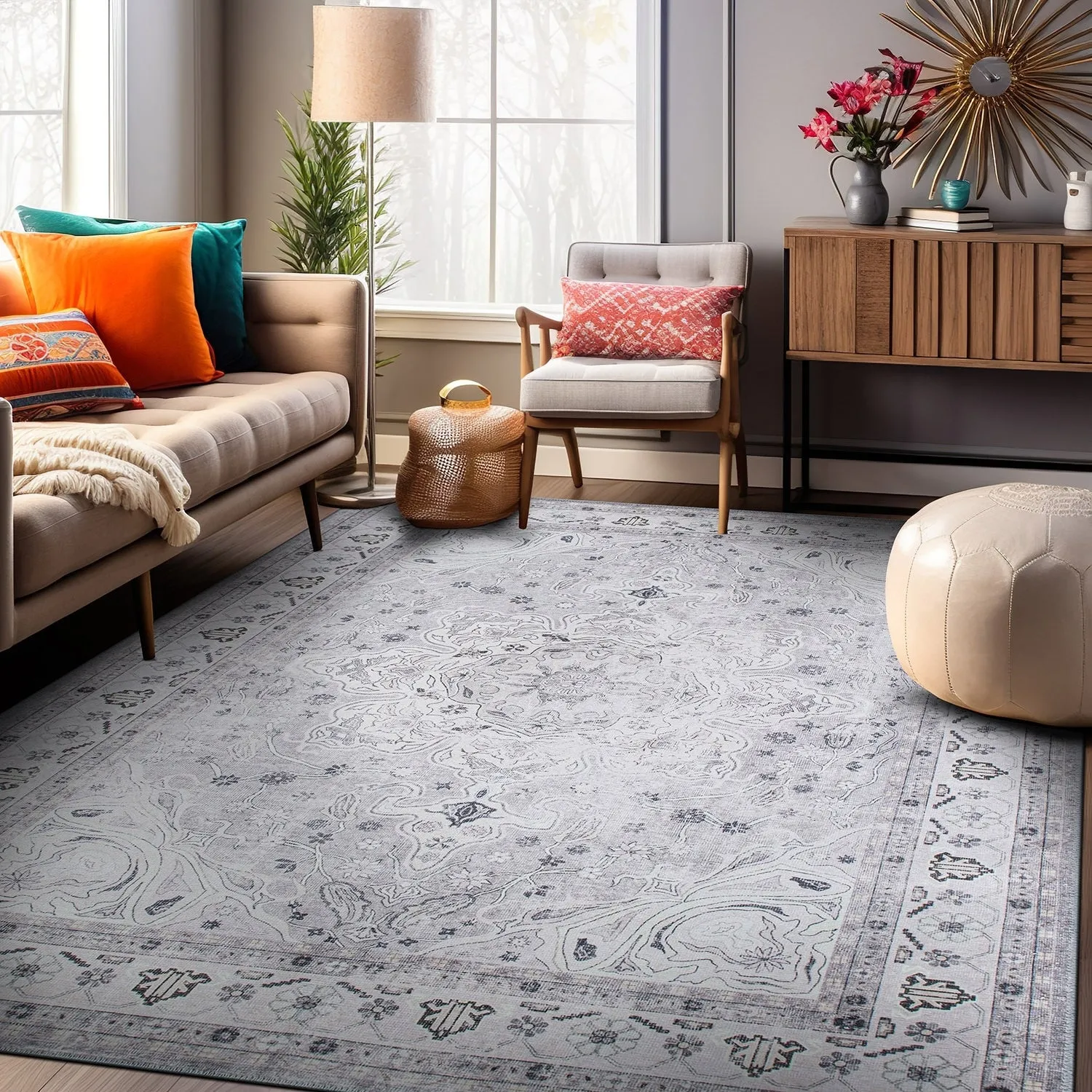 Transitional Medallion Machine Washable Area Rug
