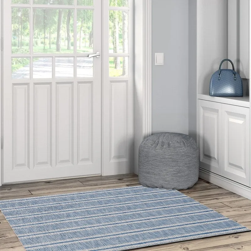 Wallen Machine Washable Artistic Blue and Ivory Rug