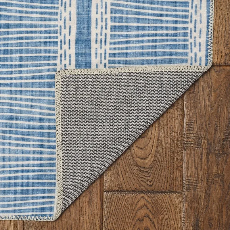 Wallen Machine Washable Artistic Blue and Ivory Rug
