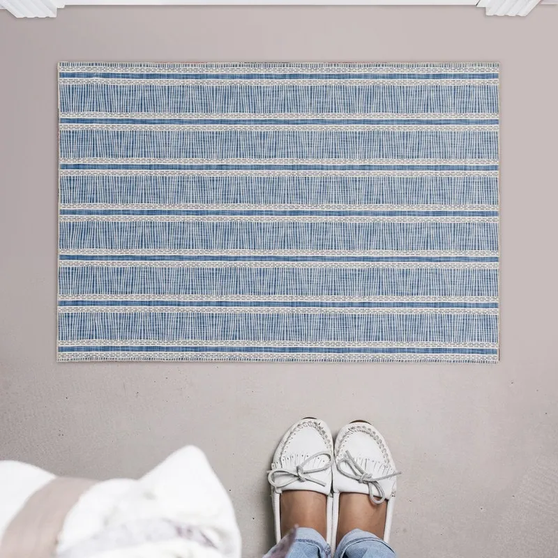 Wallen Machine Washable Artistic Blue and Ivory Rug