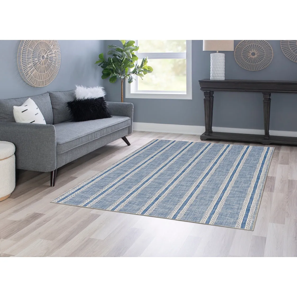Wallen Machine Washable Artistic Blue and Ivory Rug