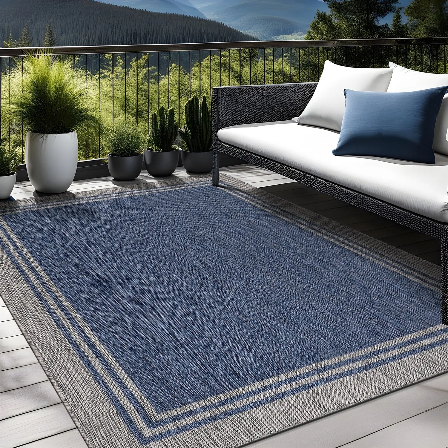 Washable Bordered Indoor Outdoor Rug for Patio. Deck. Porch