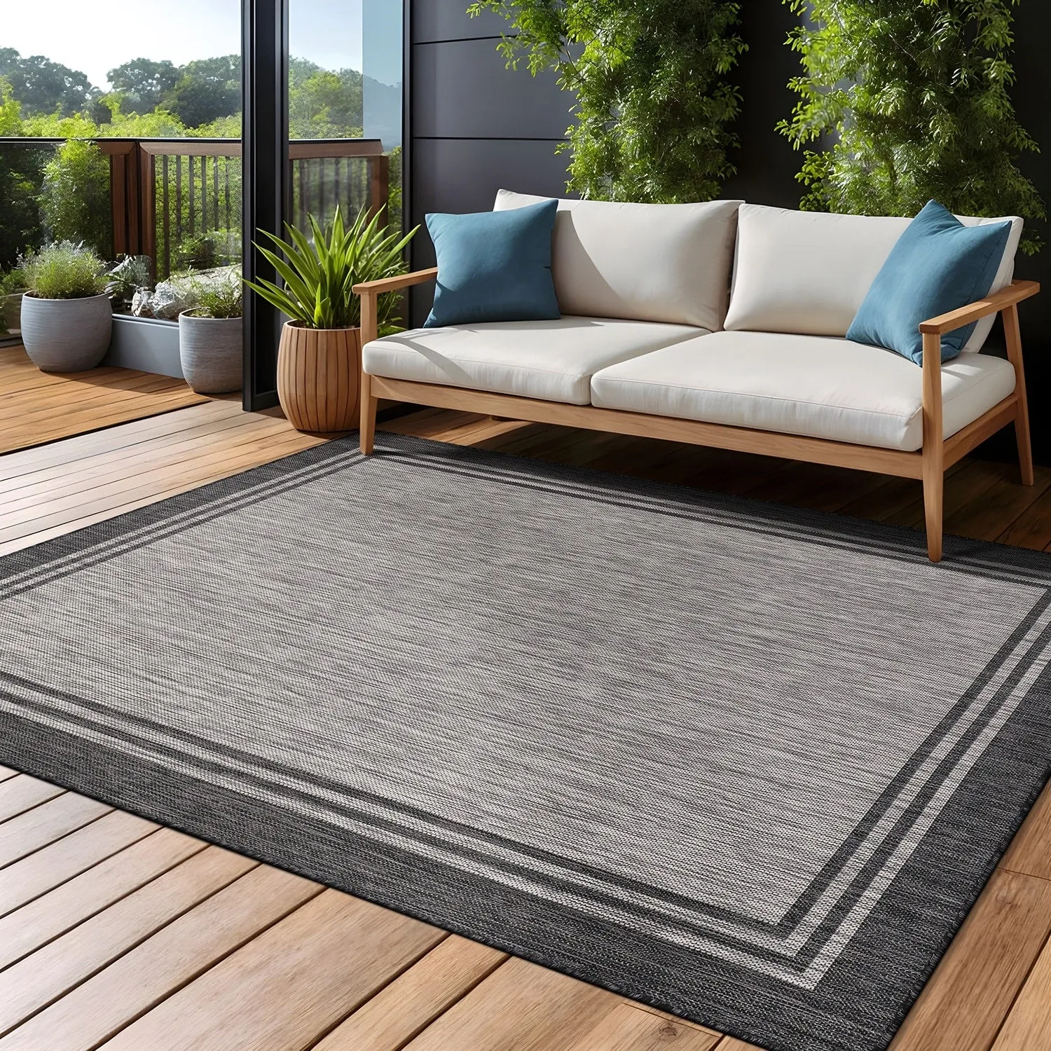 Washable Bordered Indoor Outdoor Rug for Patio. Deck. Porch