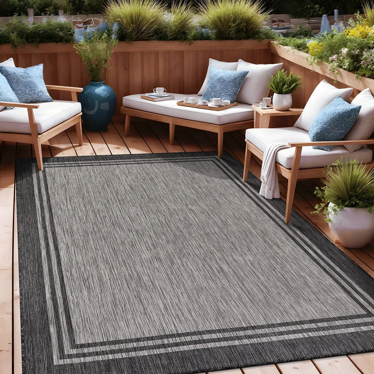 Washable Bordered Indoor Outdoor Rug for Patio. Deck. Porch