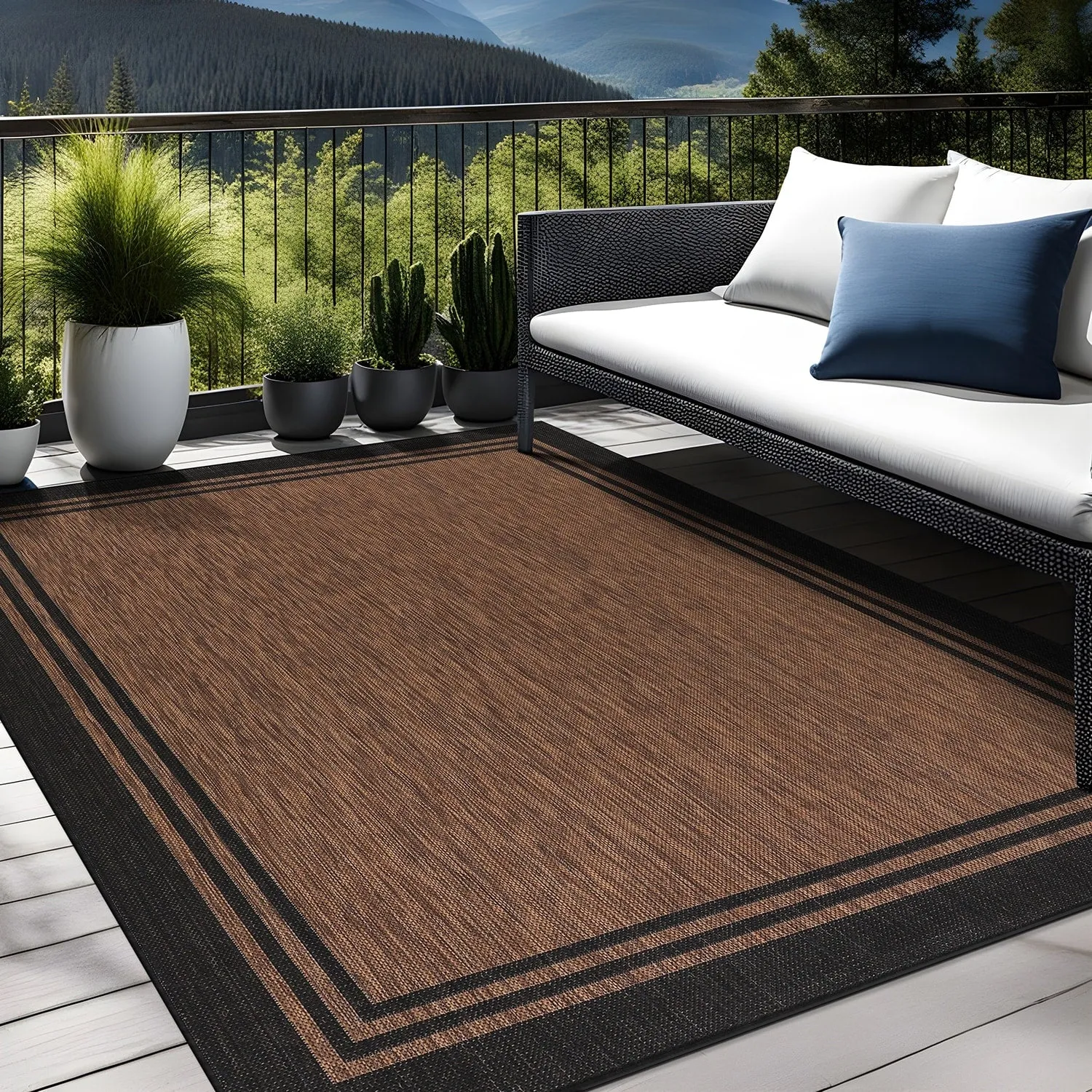 Washable Bordered Indoor Outdoor Rug for Patio. Deck. Porch