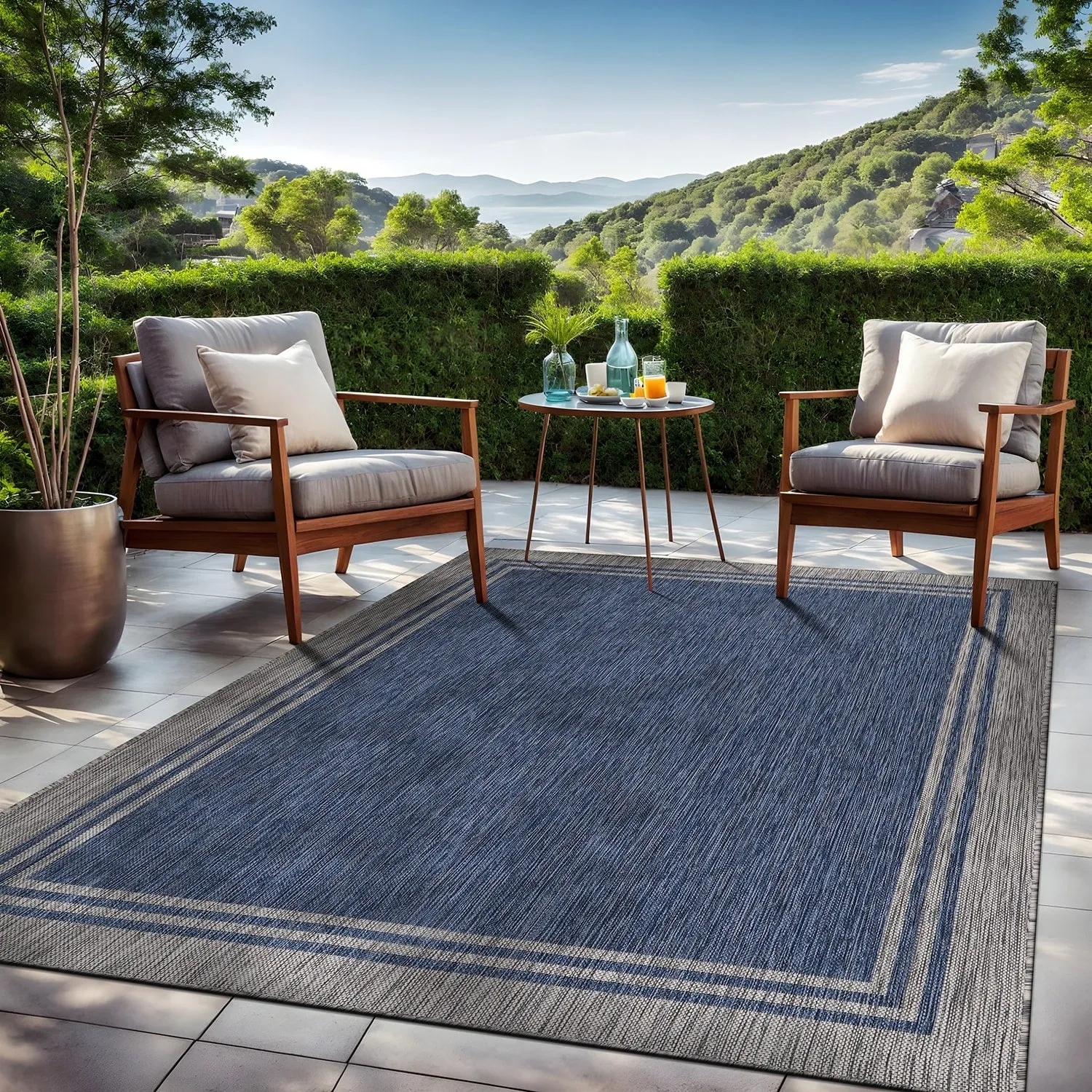 Washable Bordered Indoor Outdoor Rug for Patio. Deck. Porch