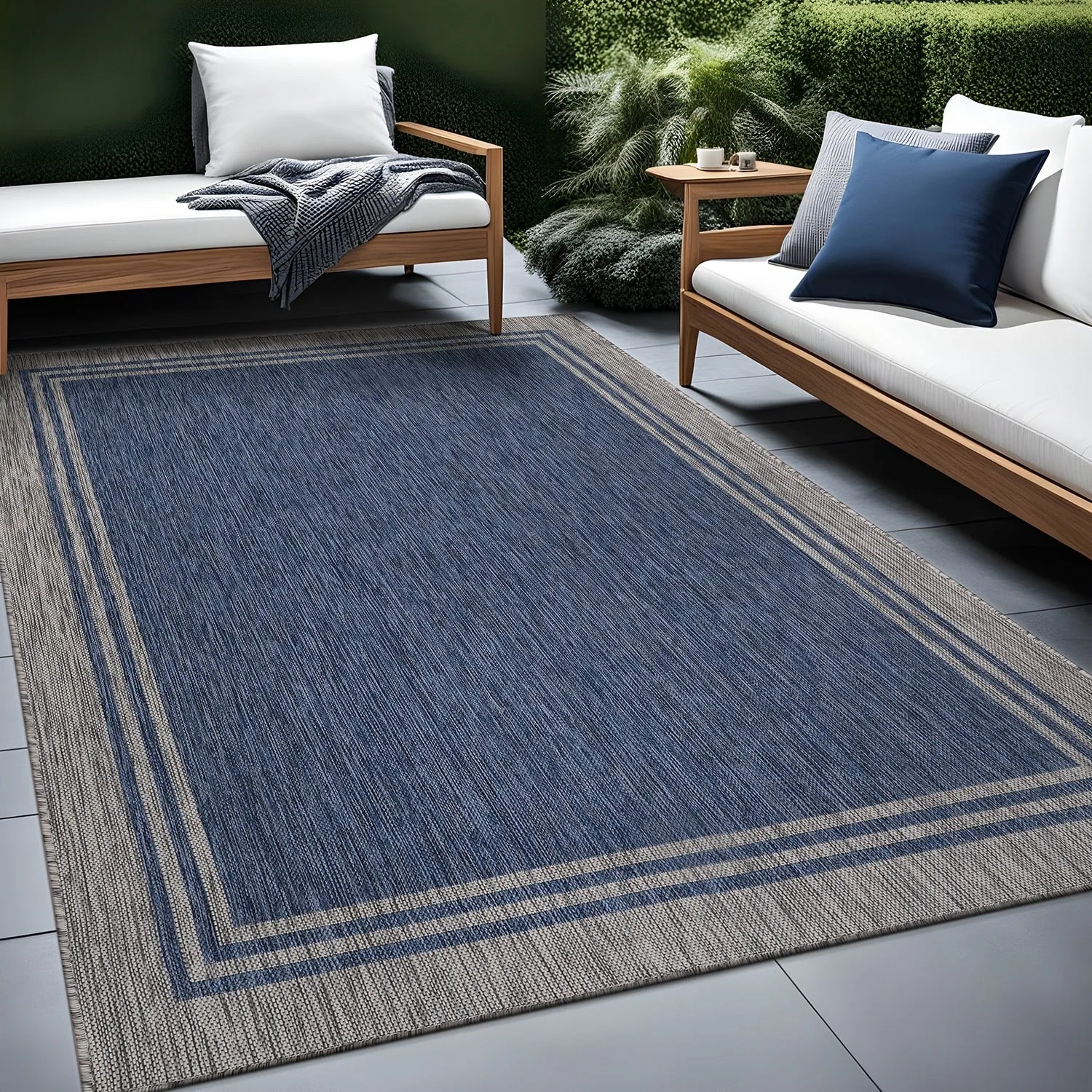 Washable Bordered Indoor Outdoor Rug for Patio. Deck. Porch