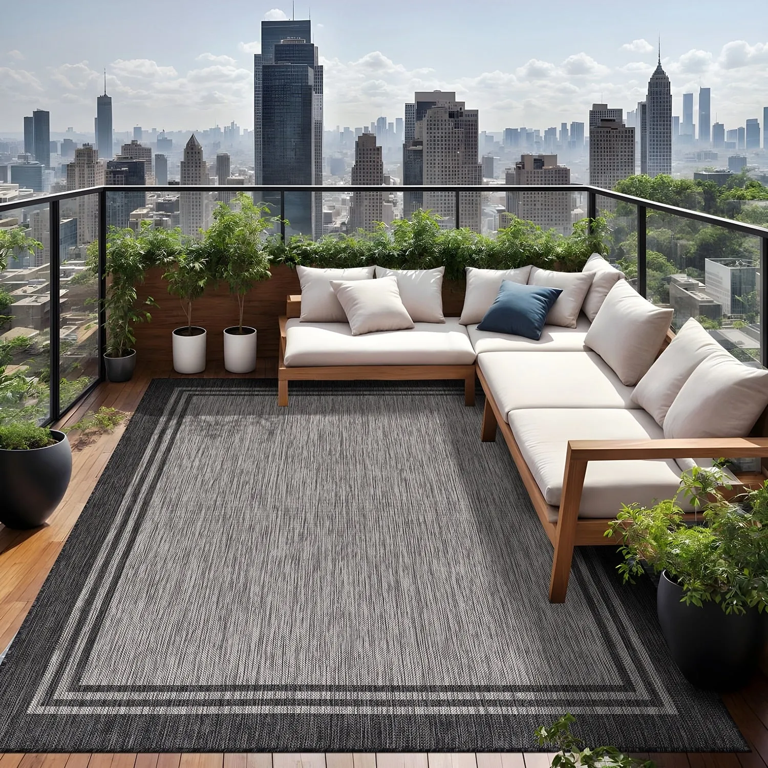 Washable Bordered Indoor Outdoor Rug for Patio. Deck. Porch
