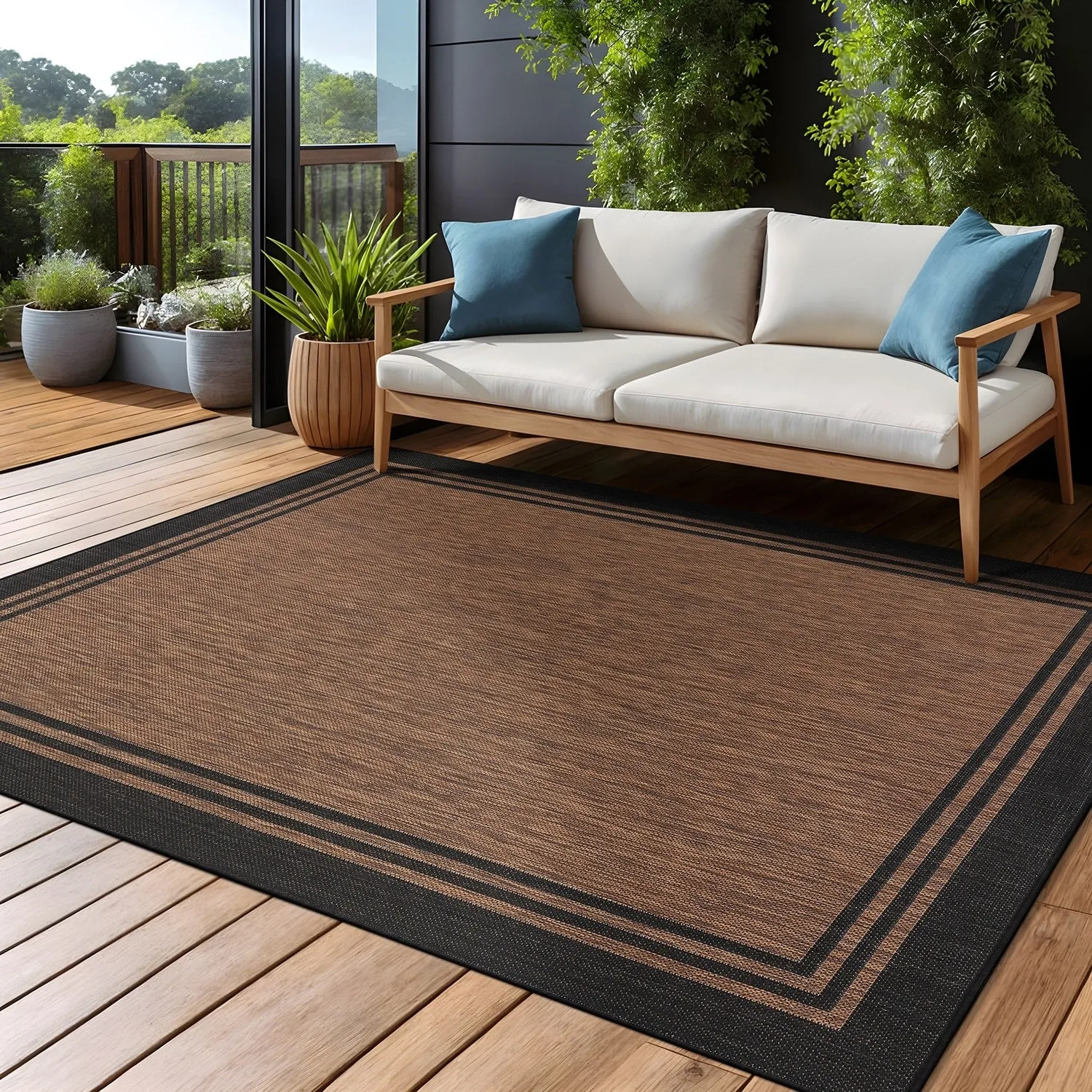 Washable Bordered Indoor Outdoor Rug for Patio. Deck. Porch