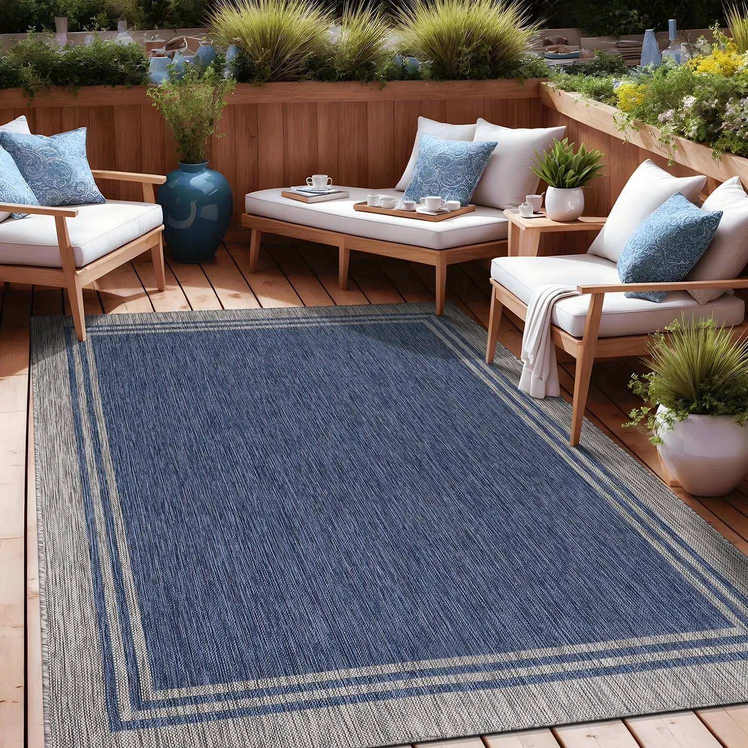 Washable Bordered Indoor Outdoor Rug for Patio. Deck. Porch
