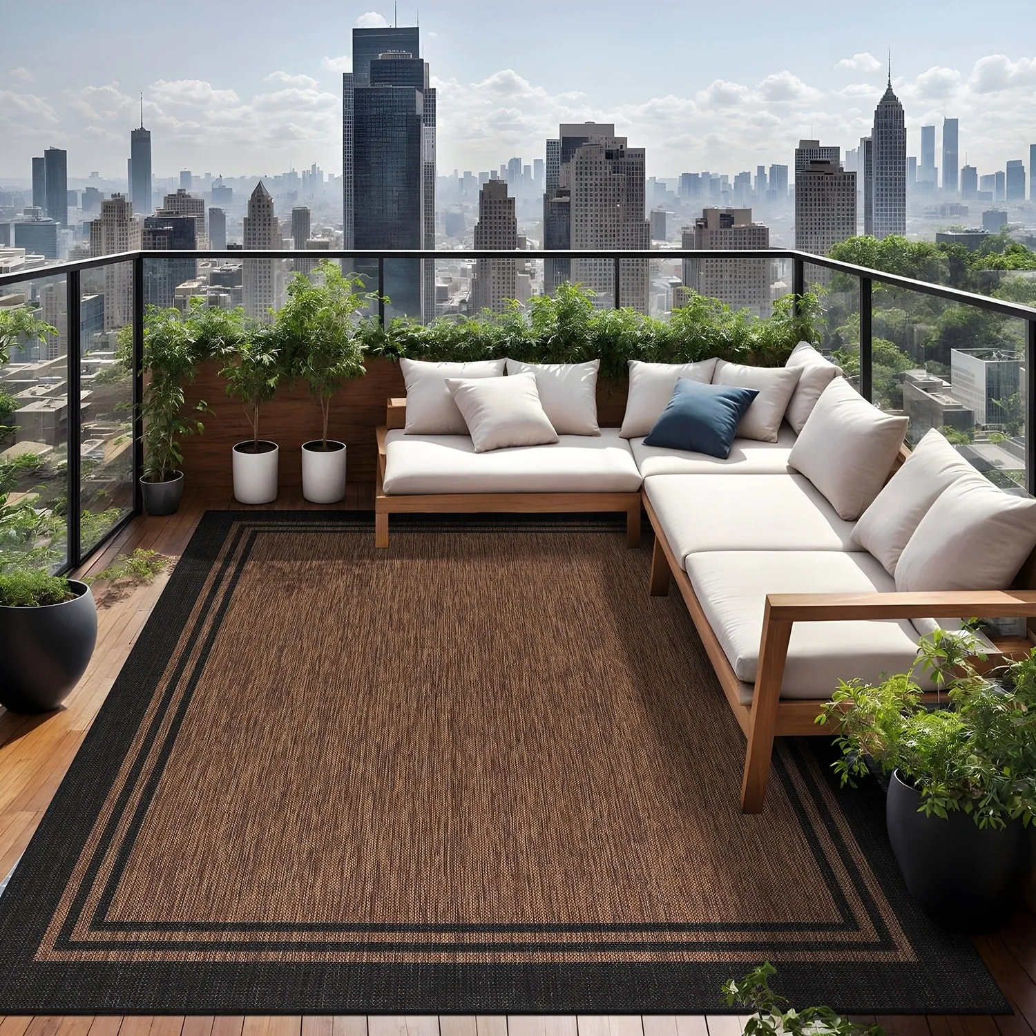 Washable Bordered Indoor Outdoor Rug for Patio. Deck. Porch