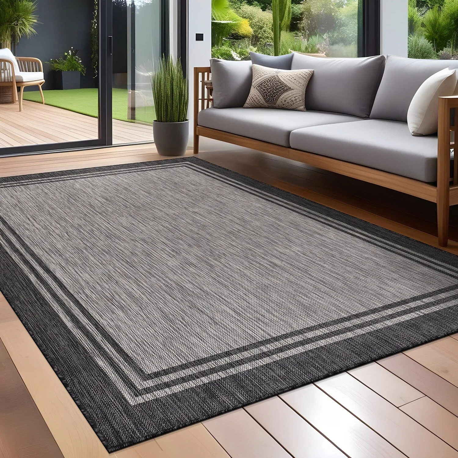 Washable Bordered Indoor Outdoor Rug for Patio. Deck. Porch