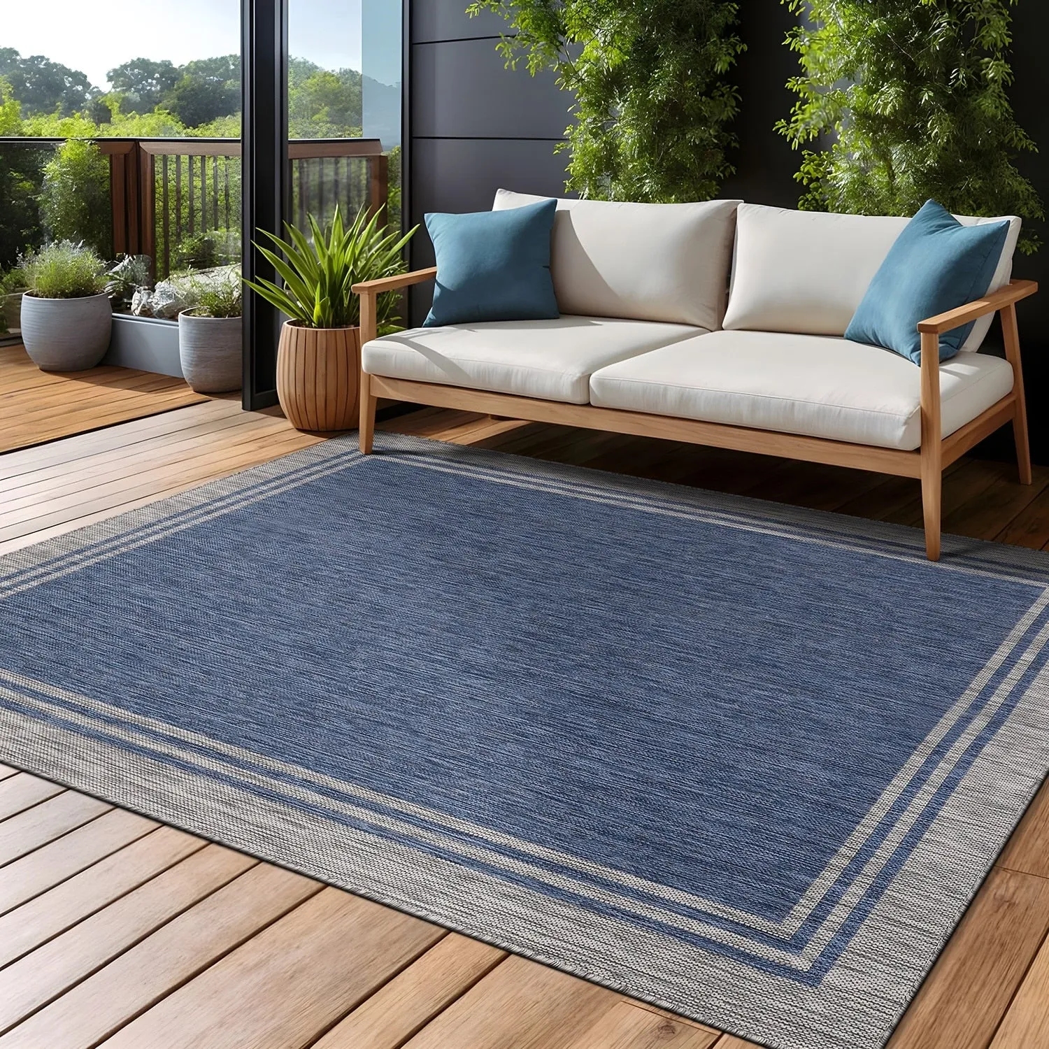 Washable Bordered Indoor Outdoor Rug for Patio. Deck. Porch