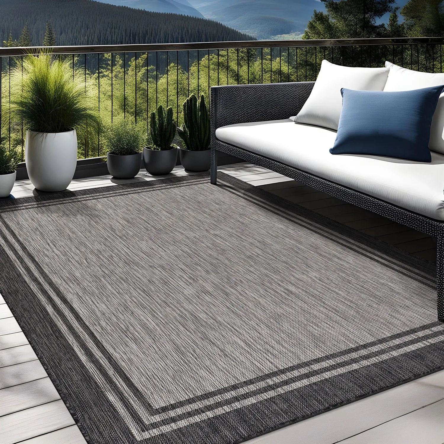 Washable Bordered Indoor Outdoor Rug for Patio. Deck. Porch