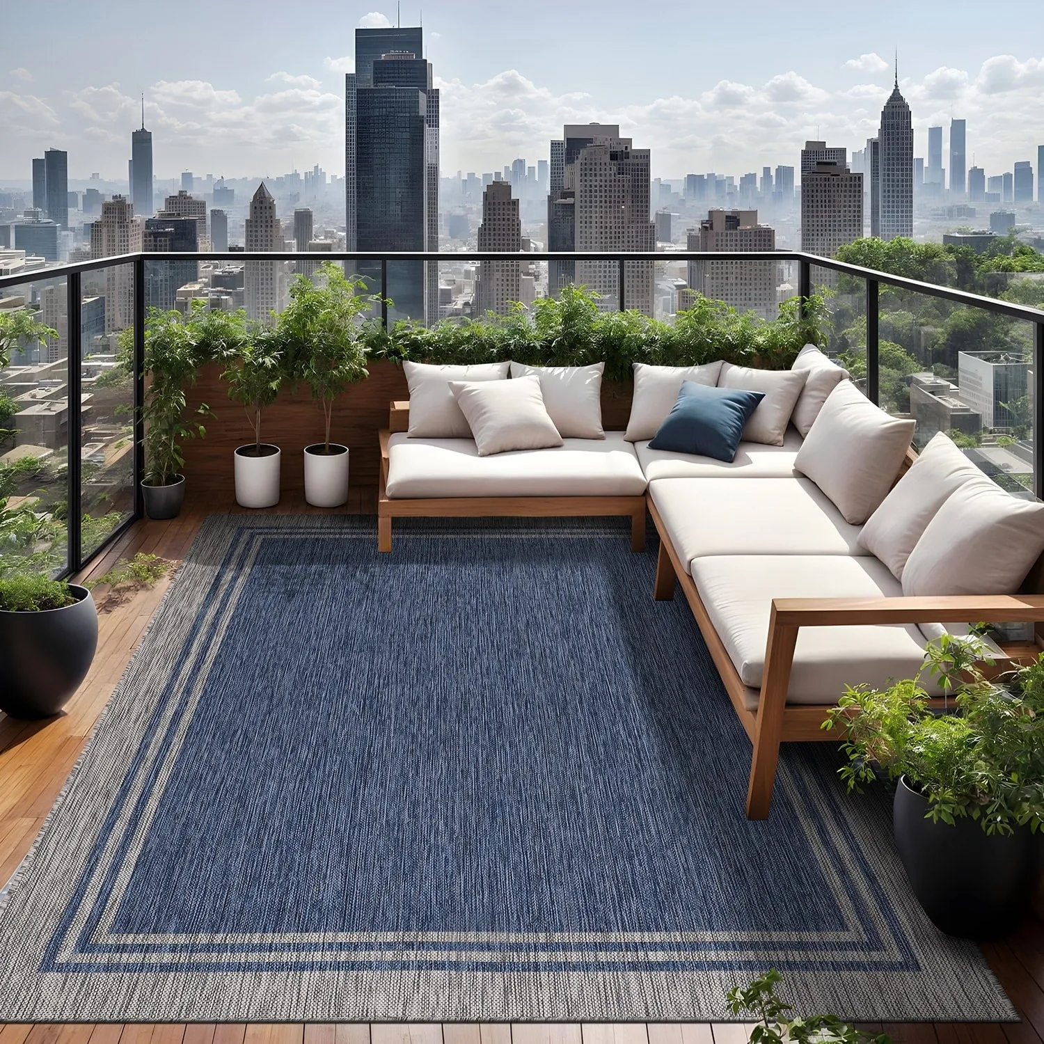 Washable Bordered Indoor Outdoor Rug for Patio. Deck. Porch