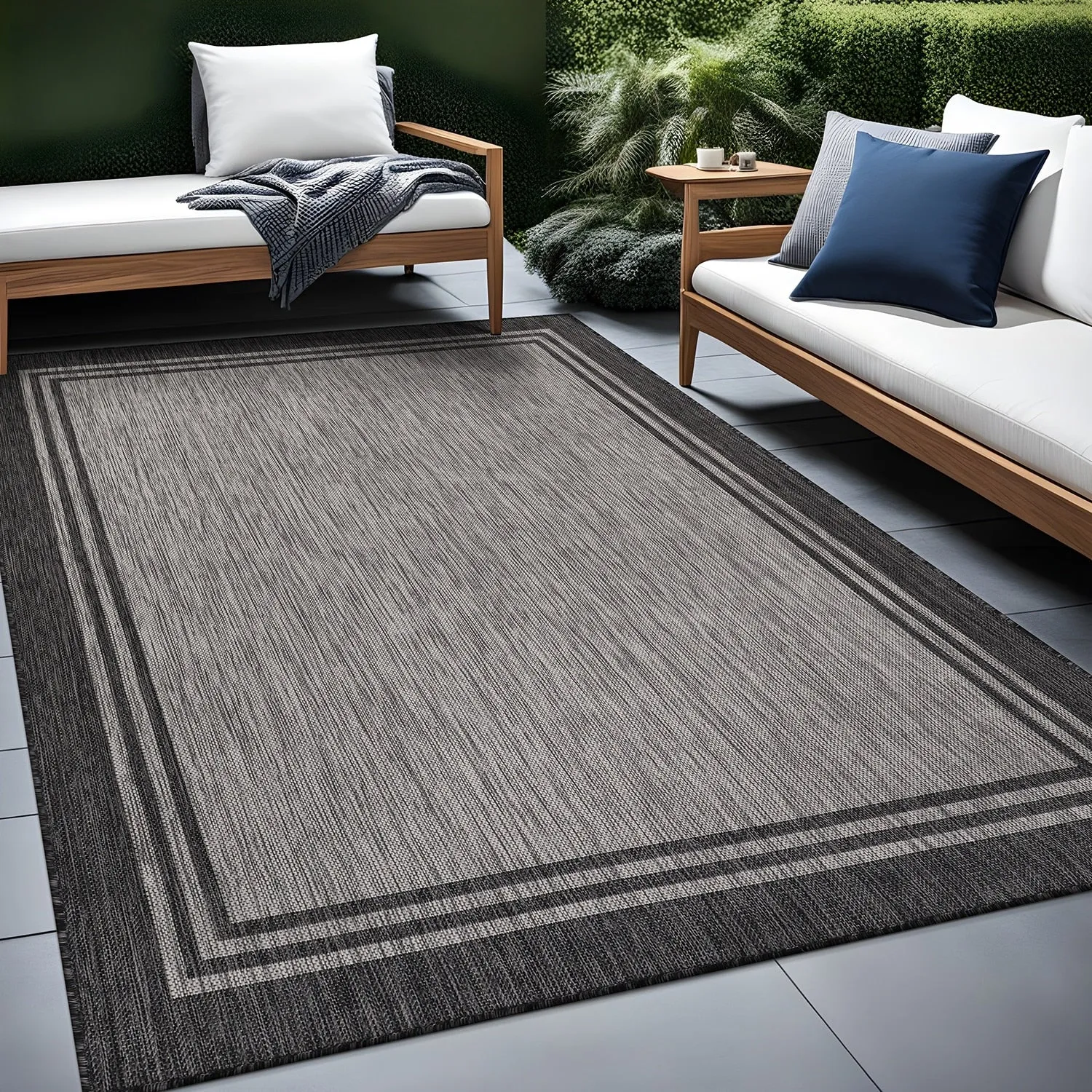 Washable Bordered Indoor Outdoor Rug for Patio. Deck. Porch