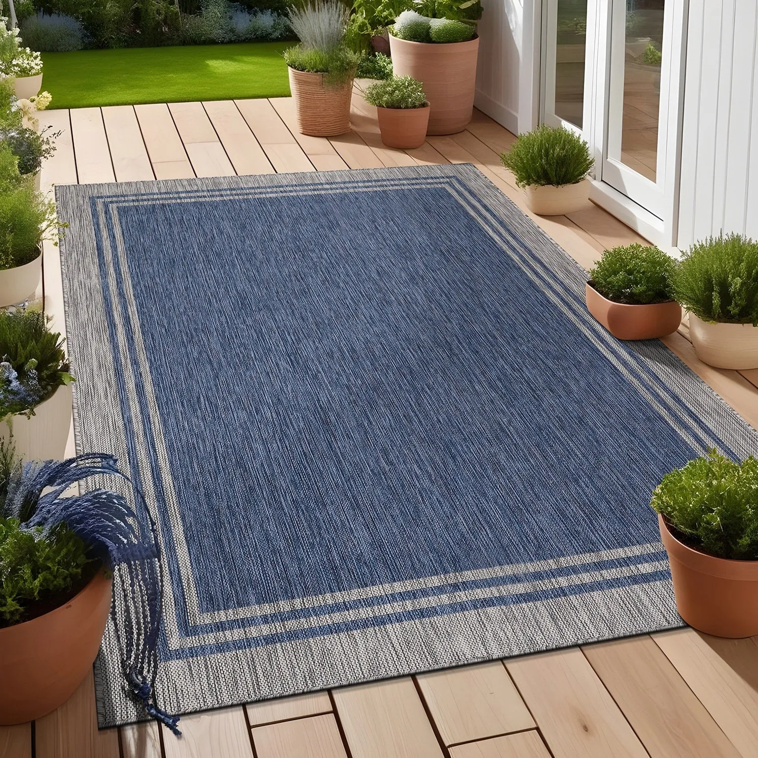 Washable Bordered Indoor Outdoor Rug for Patio. Deck. Porch