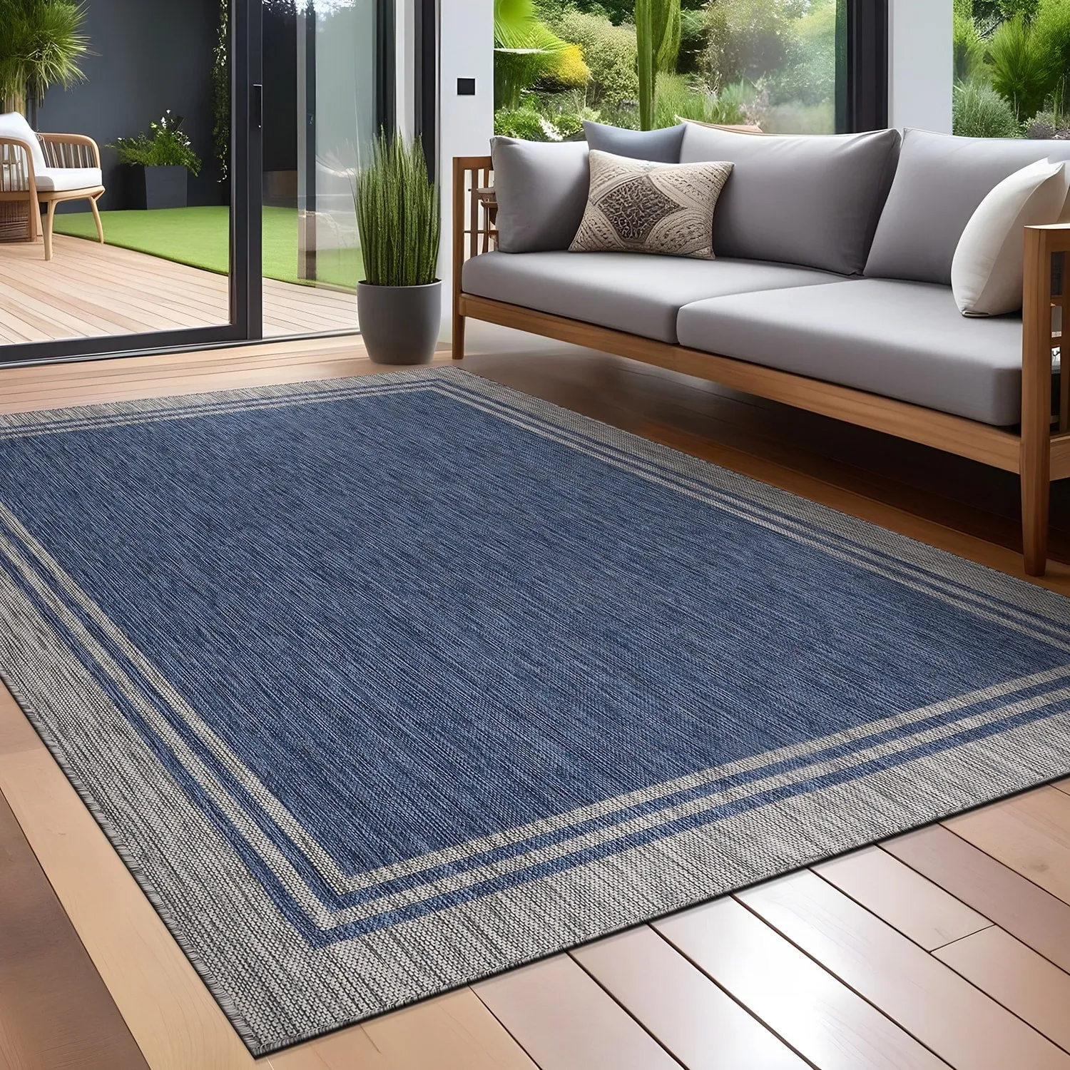 Washable Bordered Indoor Outdoor Rug for Patio. Deck. Porch