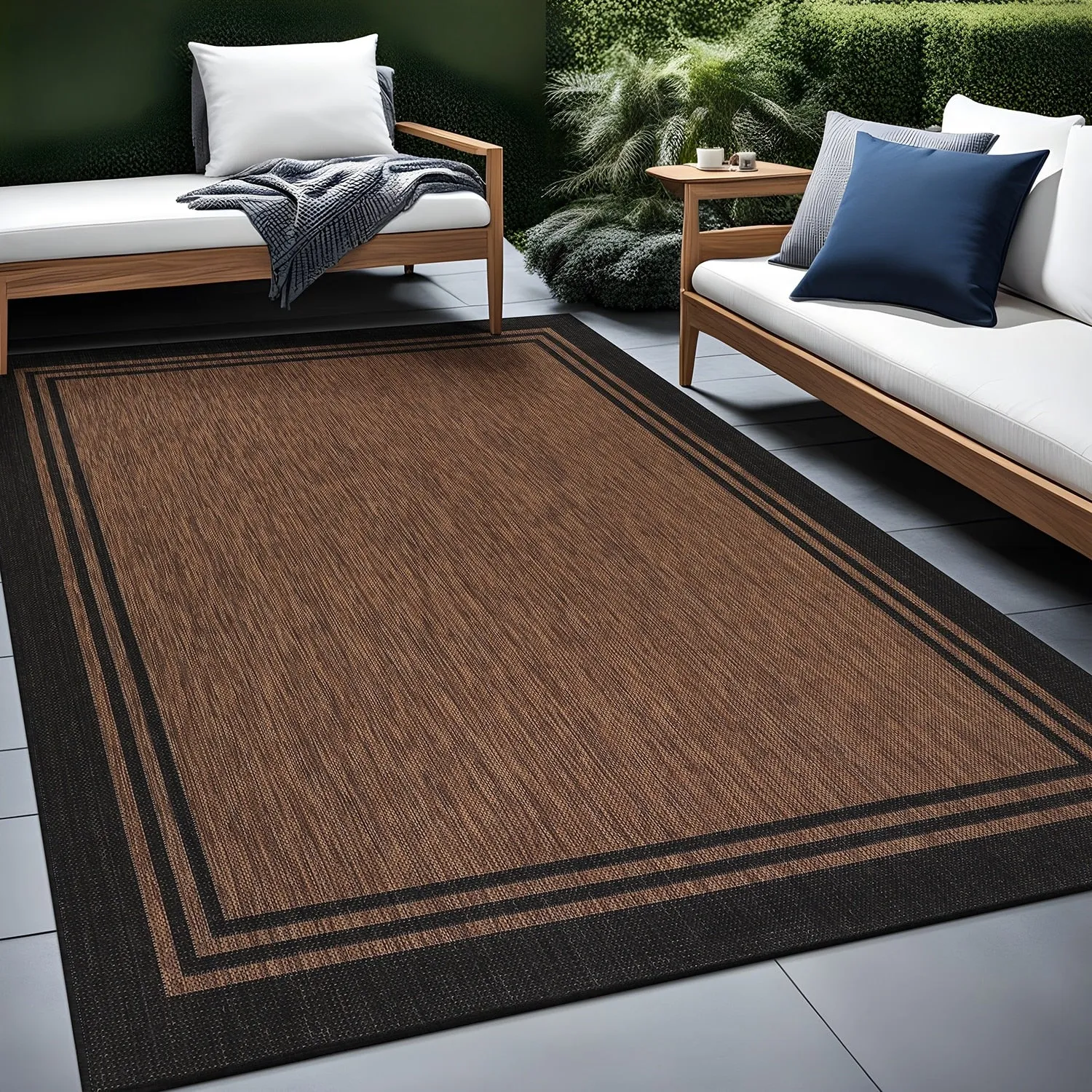 Washable Bordered Indoor Outdoor Rug for Patio. Deck. Porch