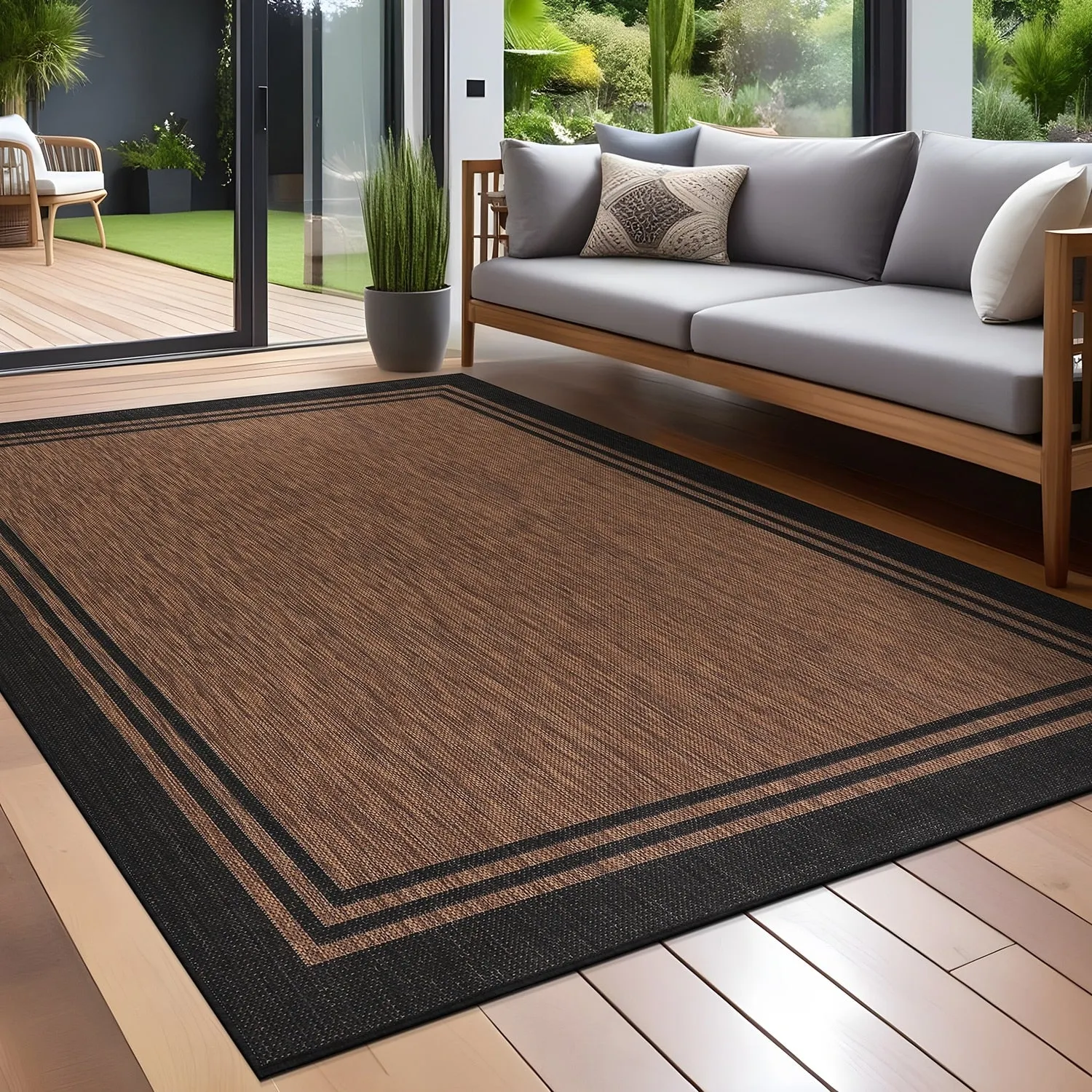 Washable Bordered Indoor Outdoor Rug for Patio. Deck. Porch