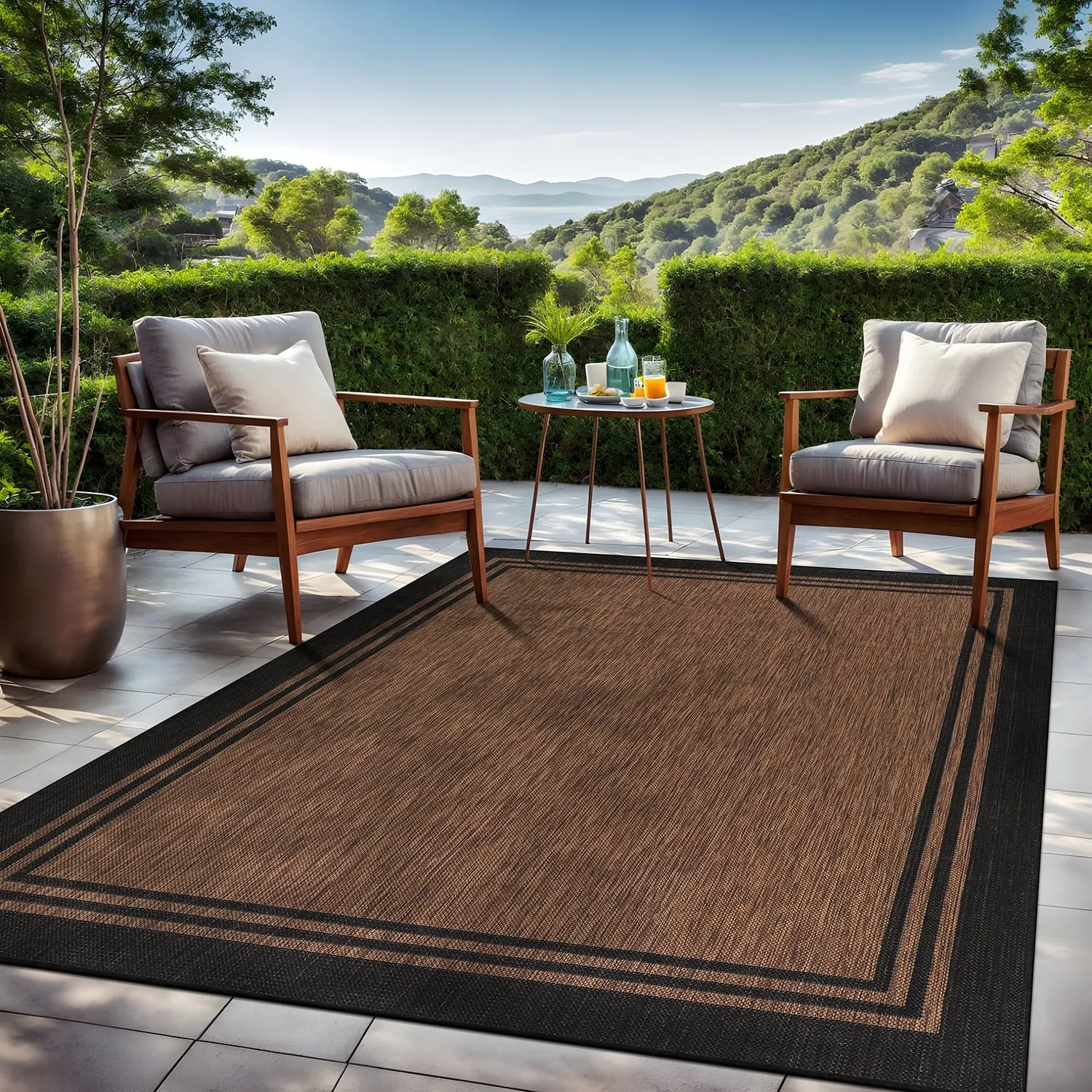 Washable Bordered Indoor Outdoor Rug for Patio. Deck. Porch