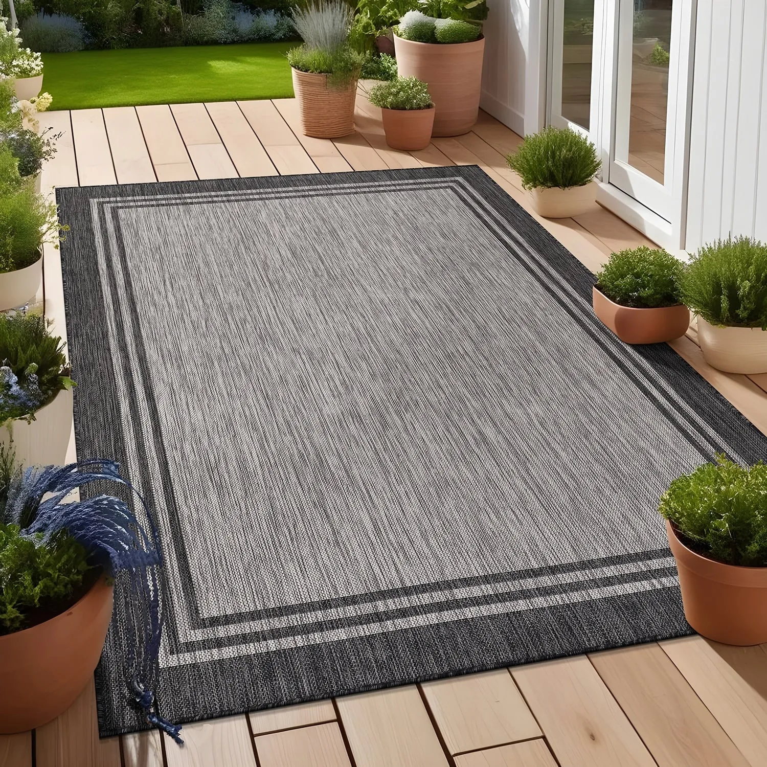 Washable Bordered Indoor Outdoor Rug for Patio. Deck. Porch